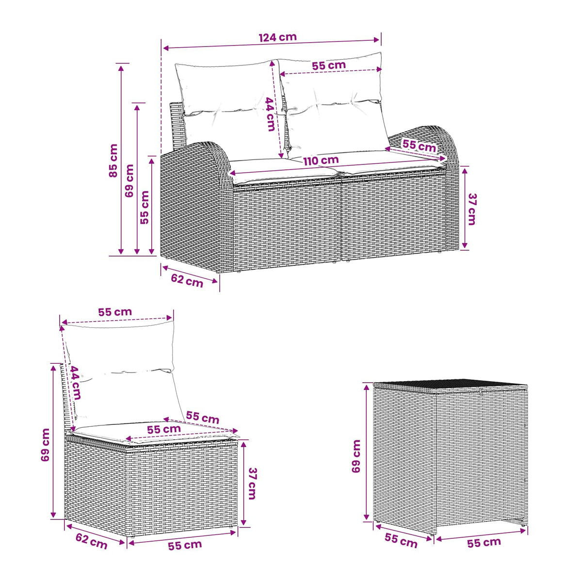 Sofa Set 5 stk. Schwarz 179 x 179 x 85 cm Polyrattan und Stahl