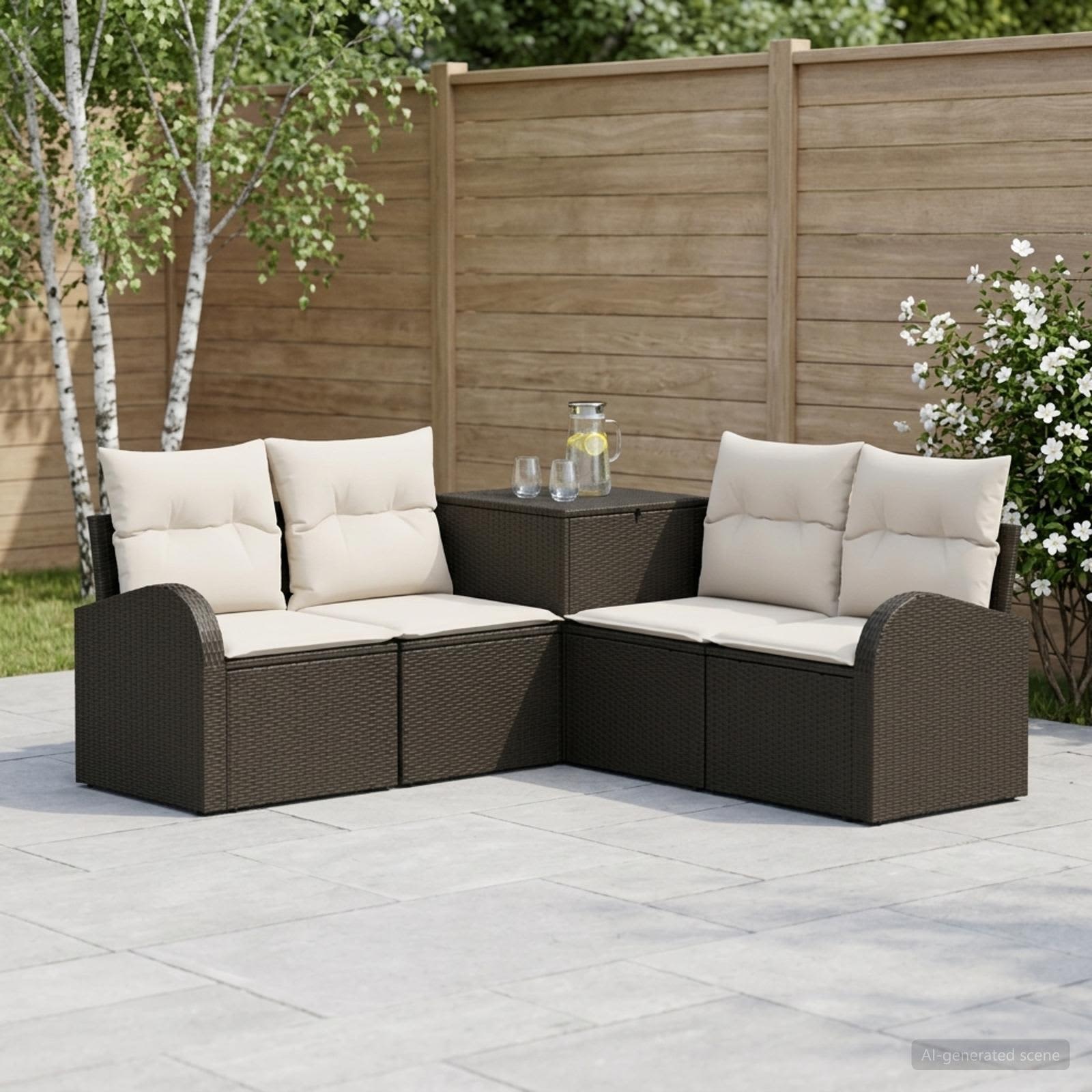Sofa Set 5 stk. Schwarz und Cremeweiß Polyrattan und Stahl