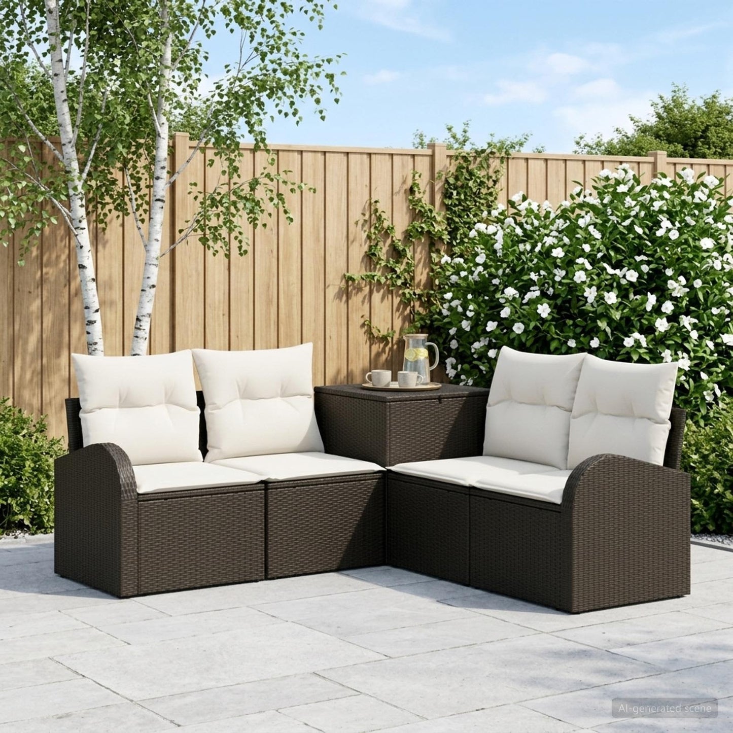 Sofa Set 5 stk. Schwarz und Cremeweiß Polyrattan und Stahl