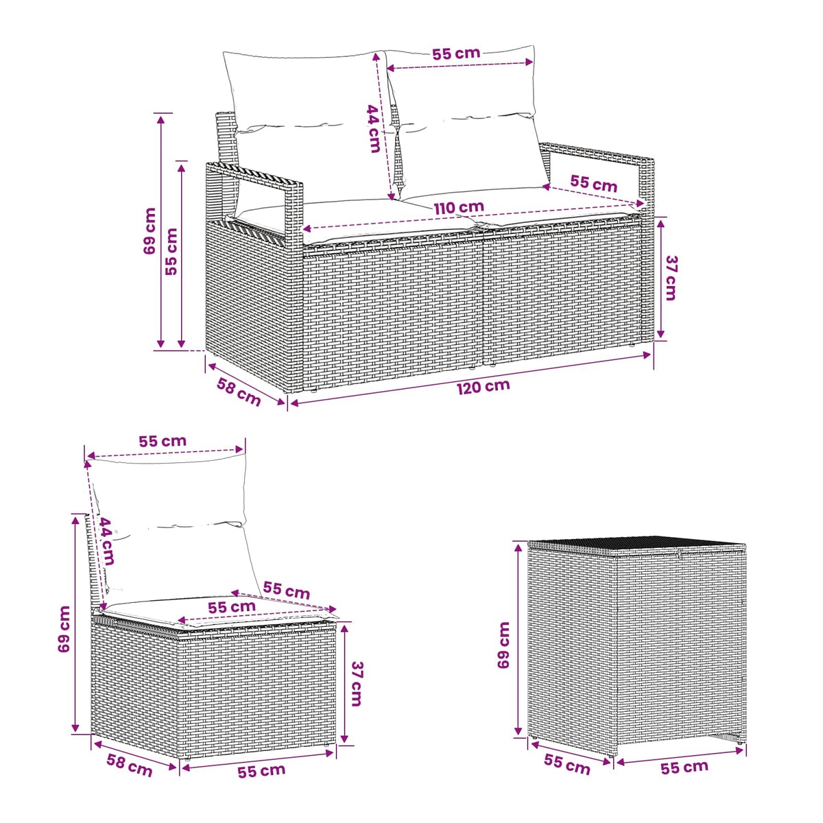 Sofa Set 5 stk. Schwarz 177 x 177 x 85 cm Polyrattan und Stahl
