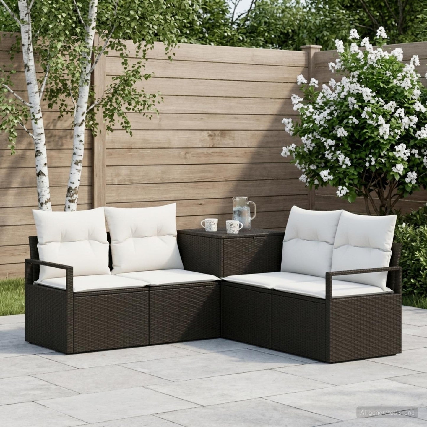 Sofa Set 5 stk. Schwarz und Cremeweiß Polyrattan und Stahl