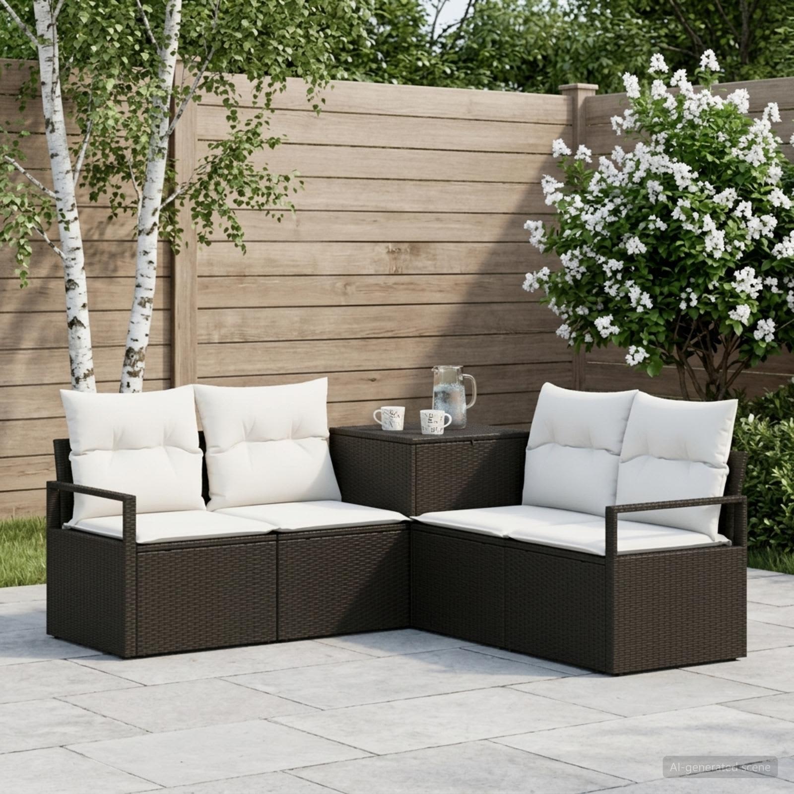 Sofa Set 5 stk. Schwarz und Cremeweiß Polyrattan und Stahl