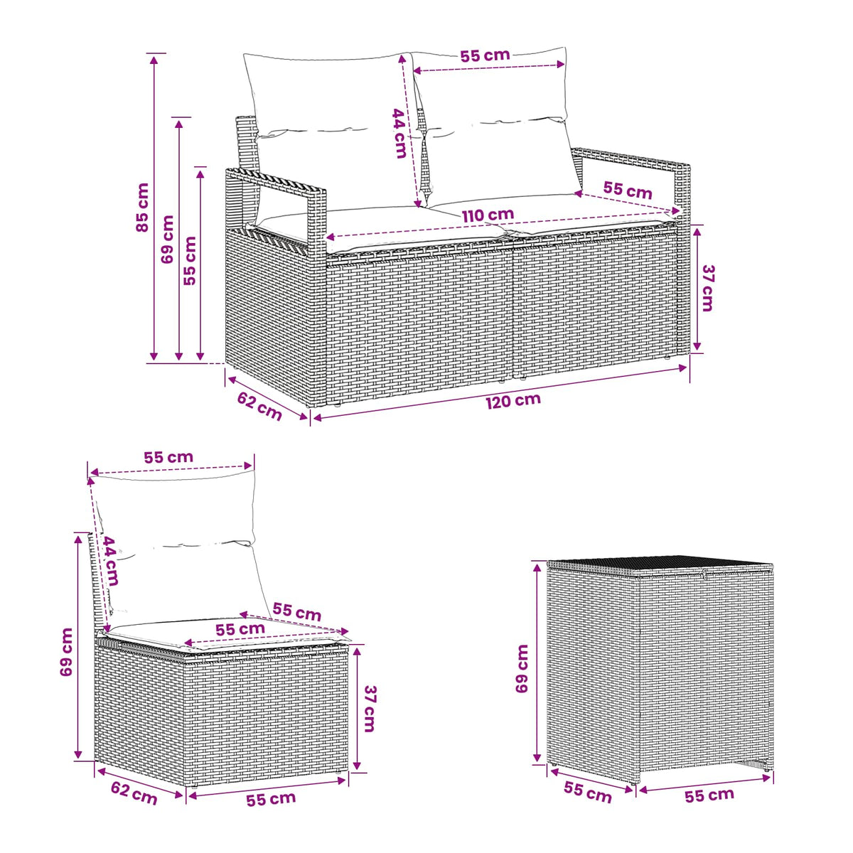Sofa Set 5 stk. Schwarz 177 x 177 x 85 cm Polyrattan und Stahl