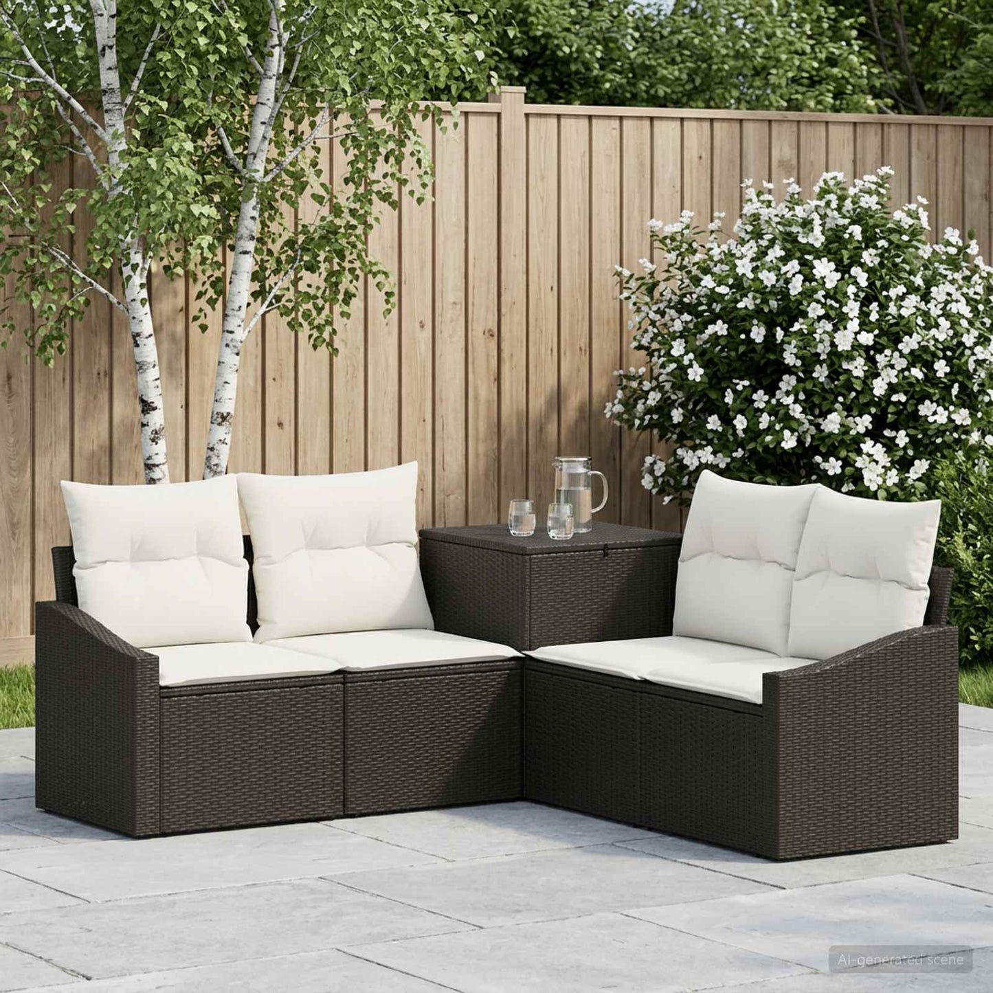 Sofa Set 5 stk. Schwarz und Cremeweiß Polyrattan und Stahl
