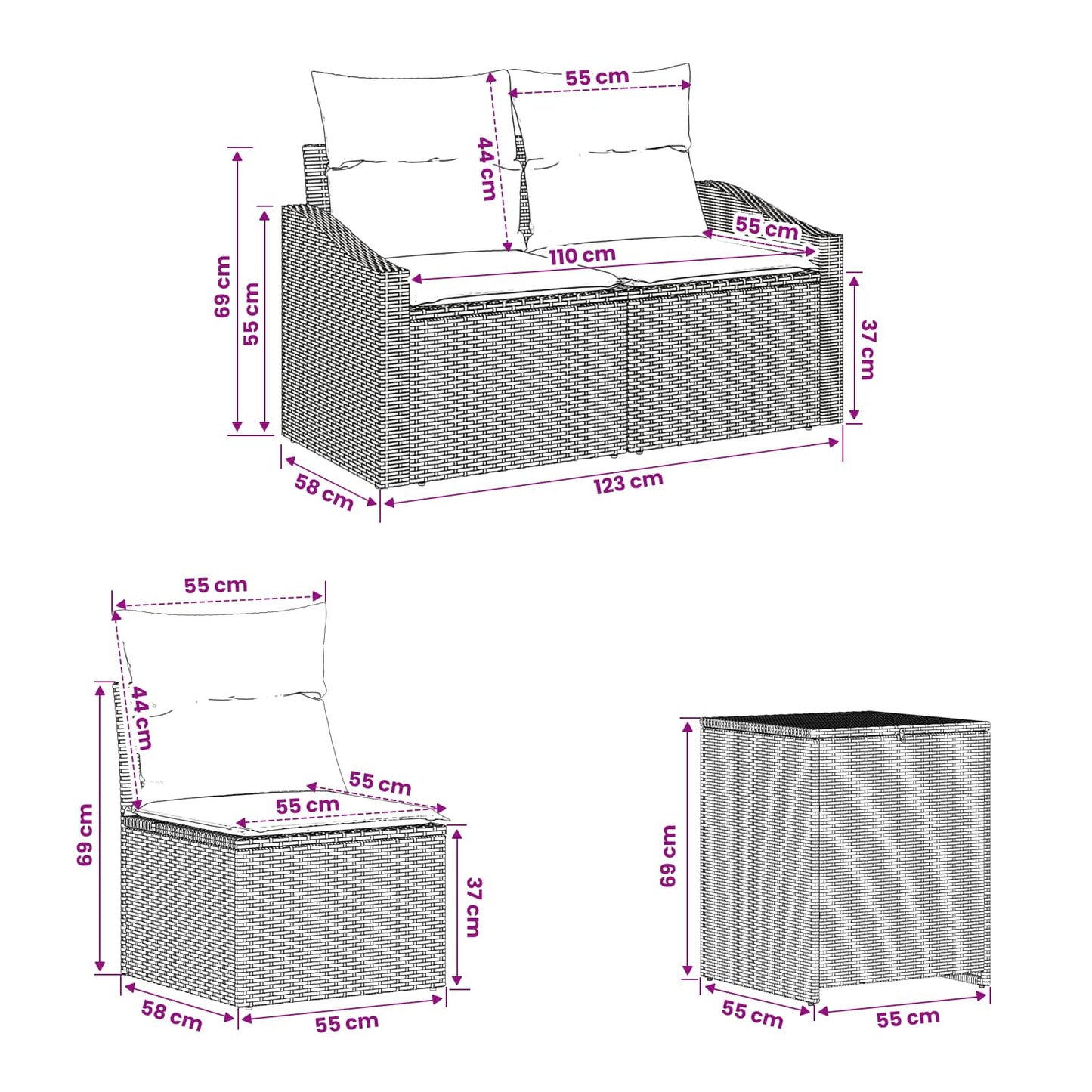 Sofa Set 5 stk. Schwarz und Cremeweiß Polyrattan und Stahl