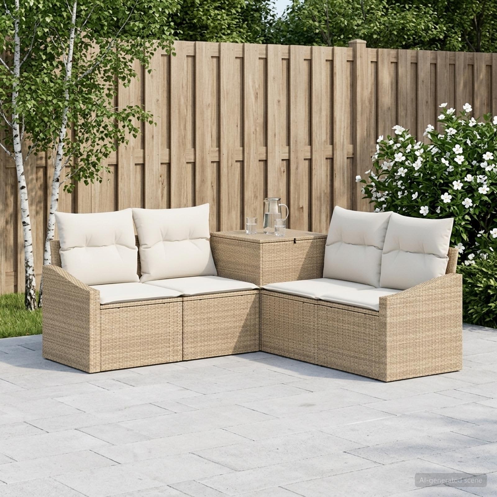 Sofa Set 5 stk. Beige und Cremeweiß Polyrattan und Stahl