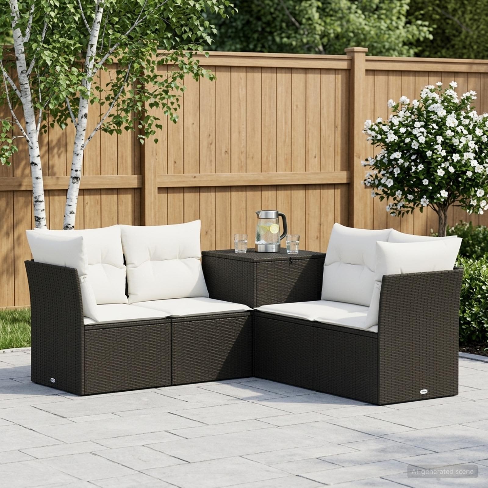 Sofa Set 5 stk. Schwarz und Cremeweiß Polyrattan und Stahl