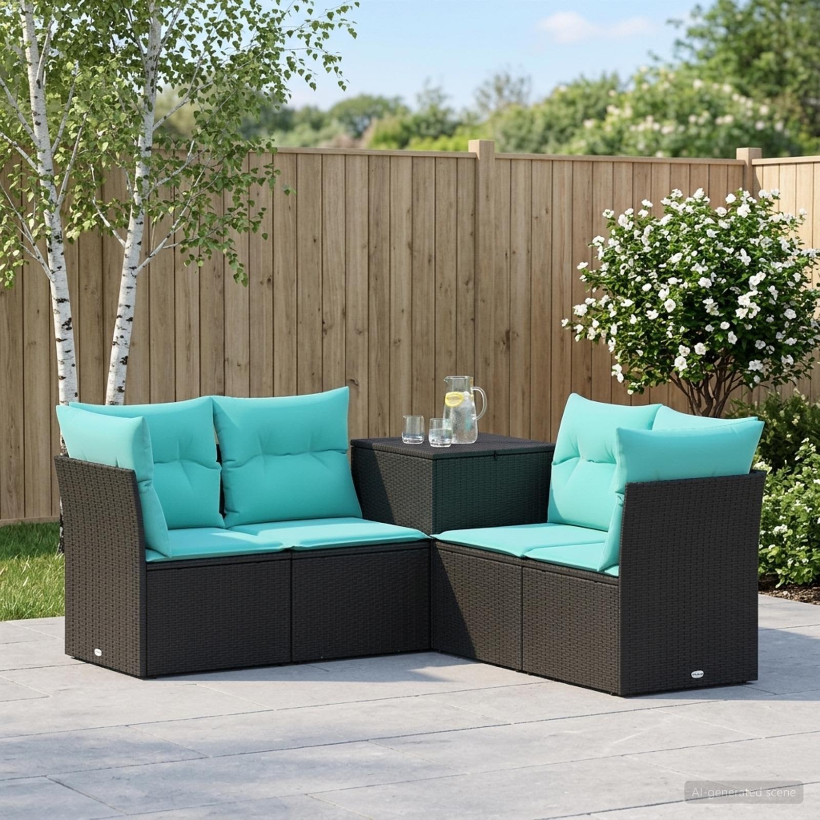 Sofa Set 5 stk. Schwarz und Blau Polyrattan und Stahl