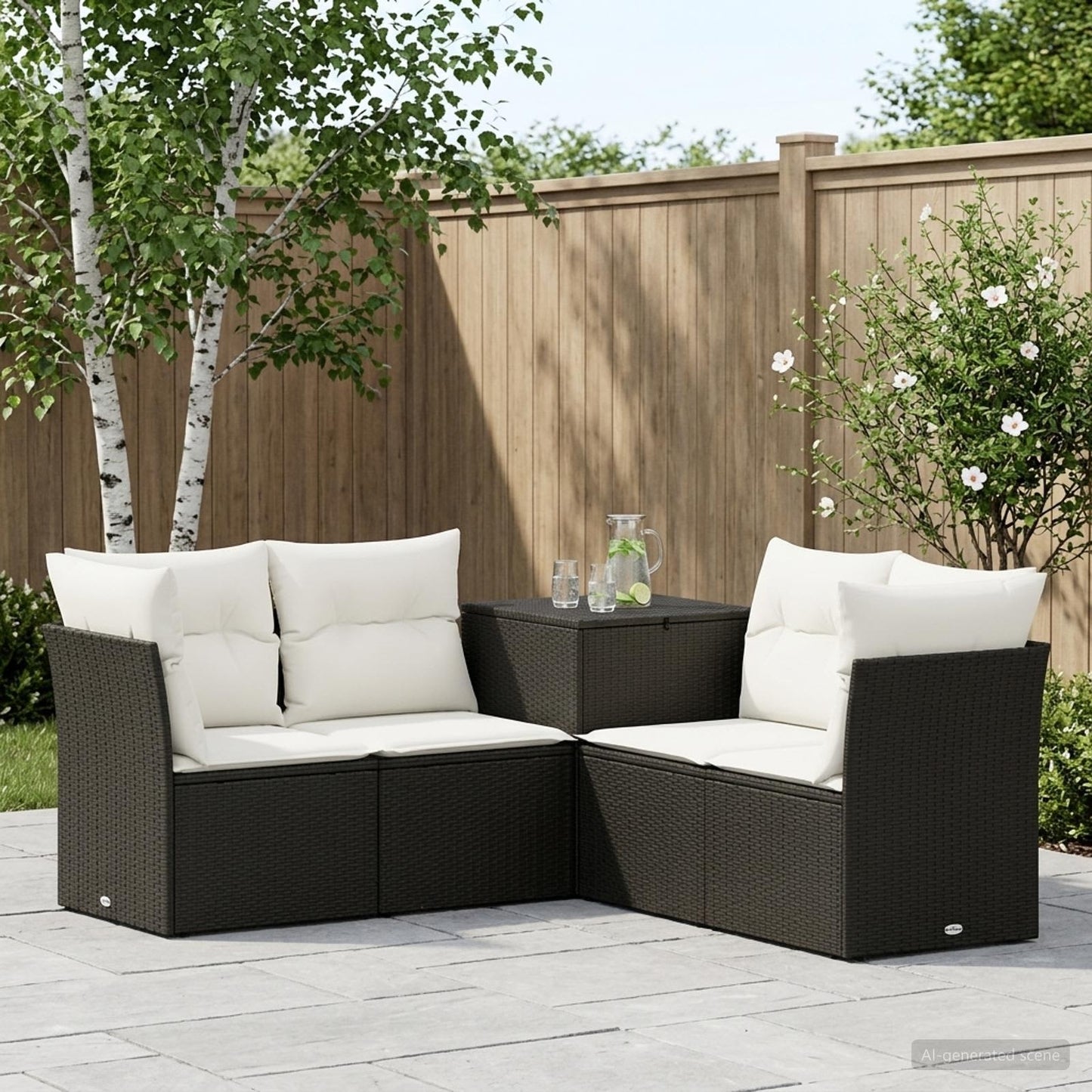 Sofa Set 5 stk. Schwarz und Cremeweiß Polyrattan und Stahl