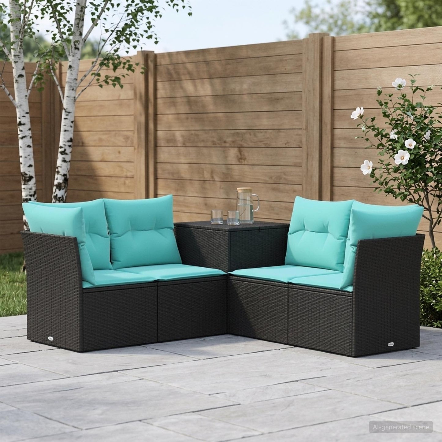 Sofa Set 5 stk. Schwarz und Blau Polyrattan und Stahl