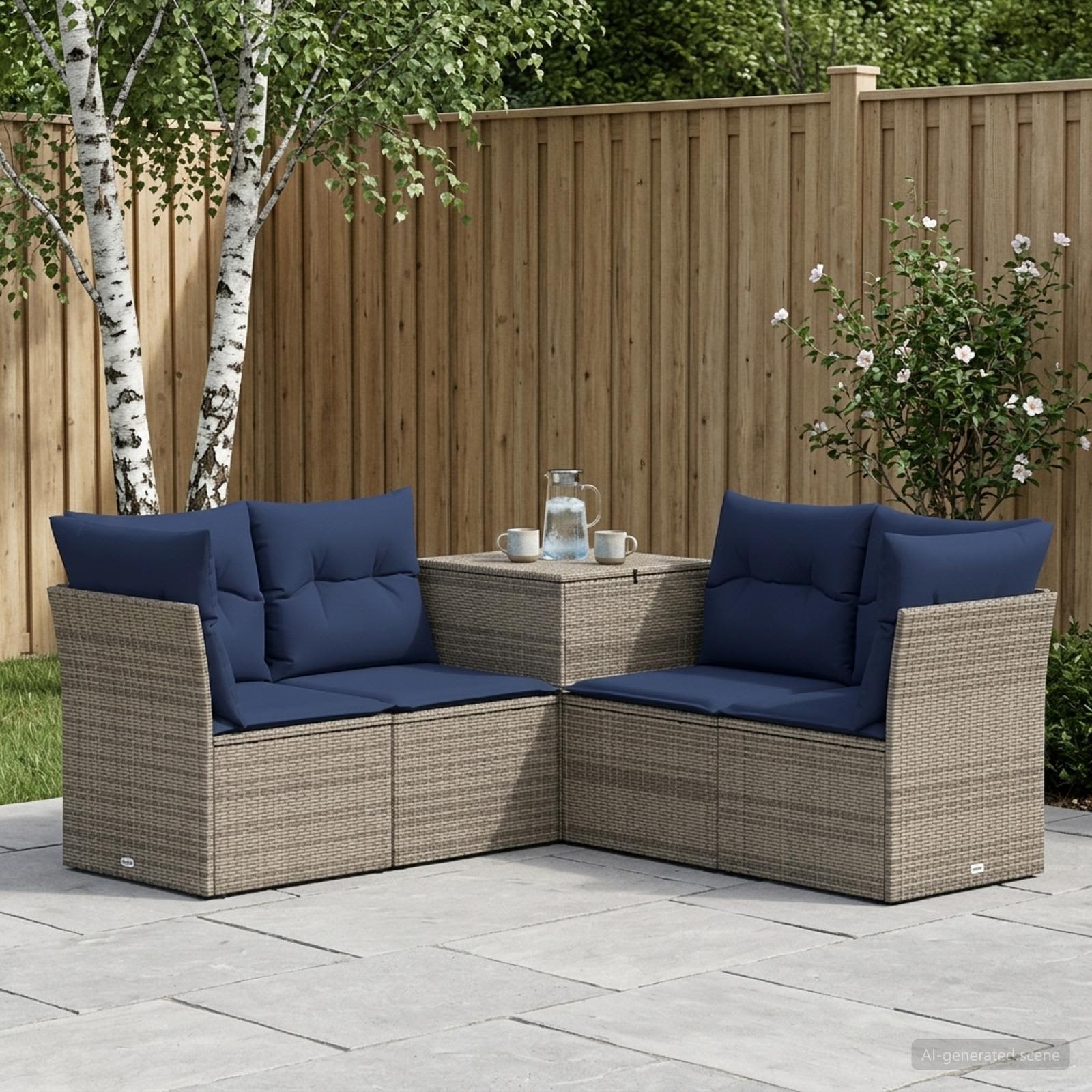 Sofa Set 5 stk. Grau und Marineblau Polyrattan und Stahl