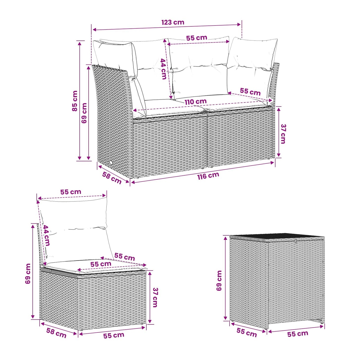 Sofa Set 5 stk. Grau und Marineblau Polyrattan und Stahl
