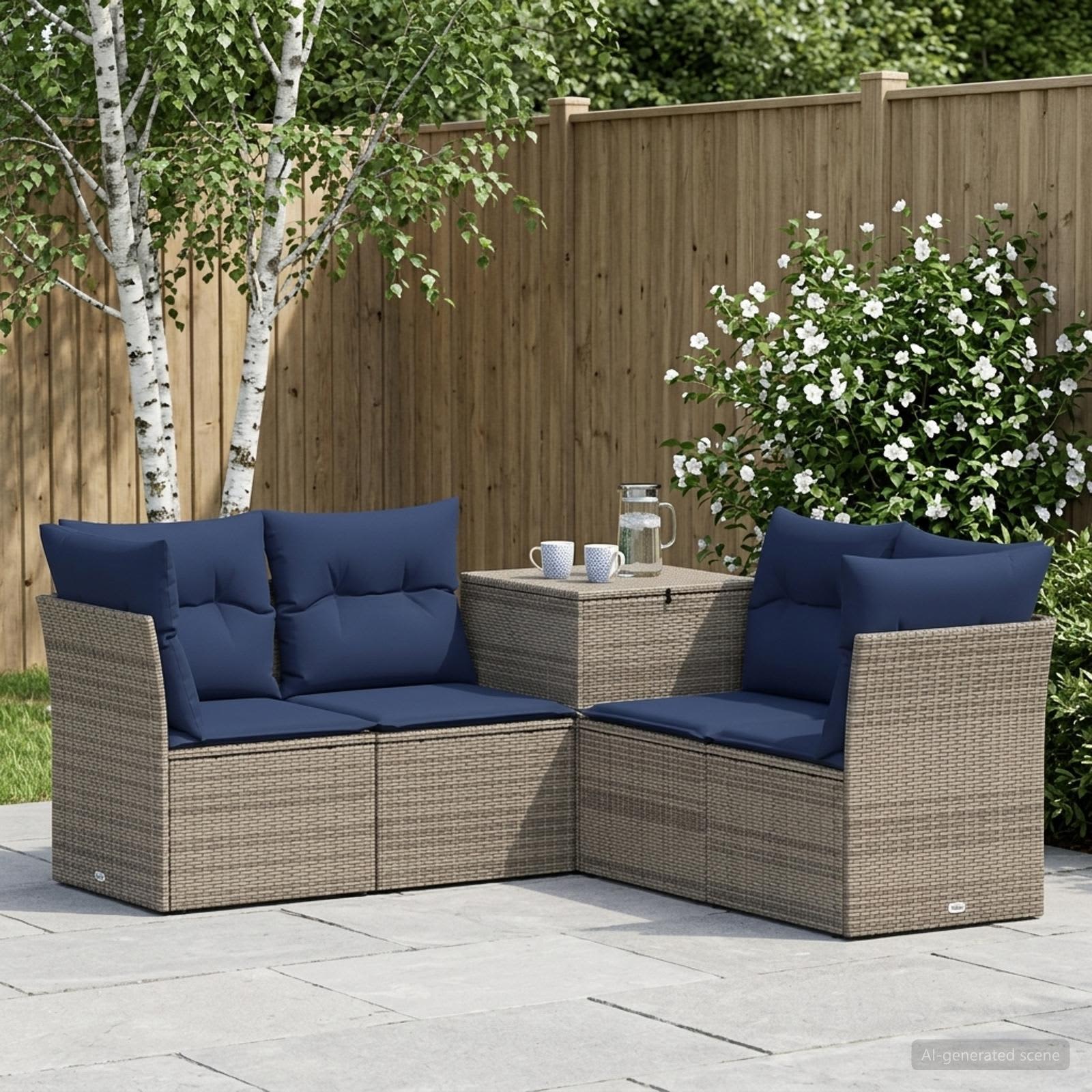 Sofa Set 5 stk. Grau und Marineblau Polyrattan und Stahl