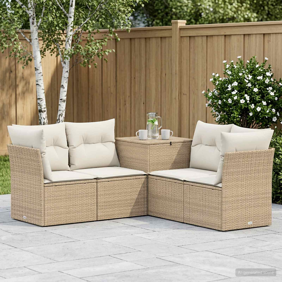 Sofa Set 5 stk. Beige und Cremeweiß Polyrattan und Stahl