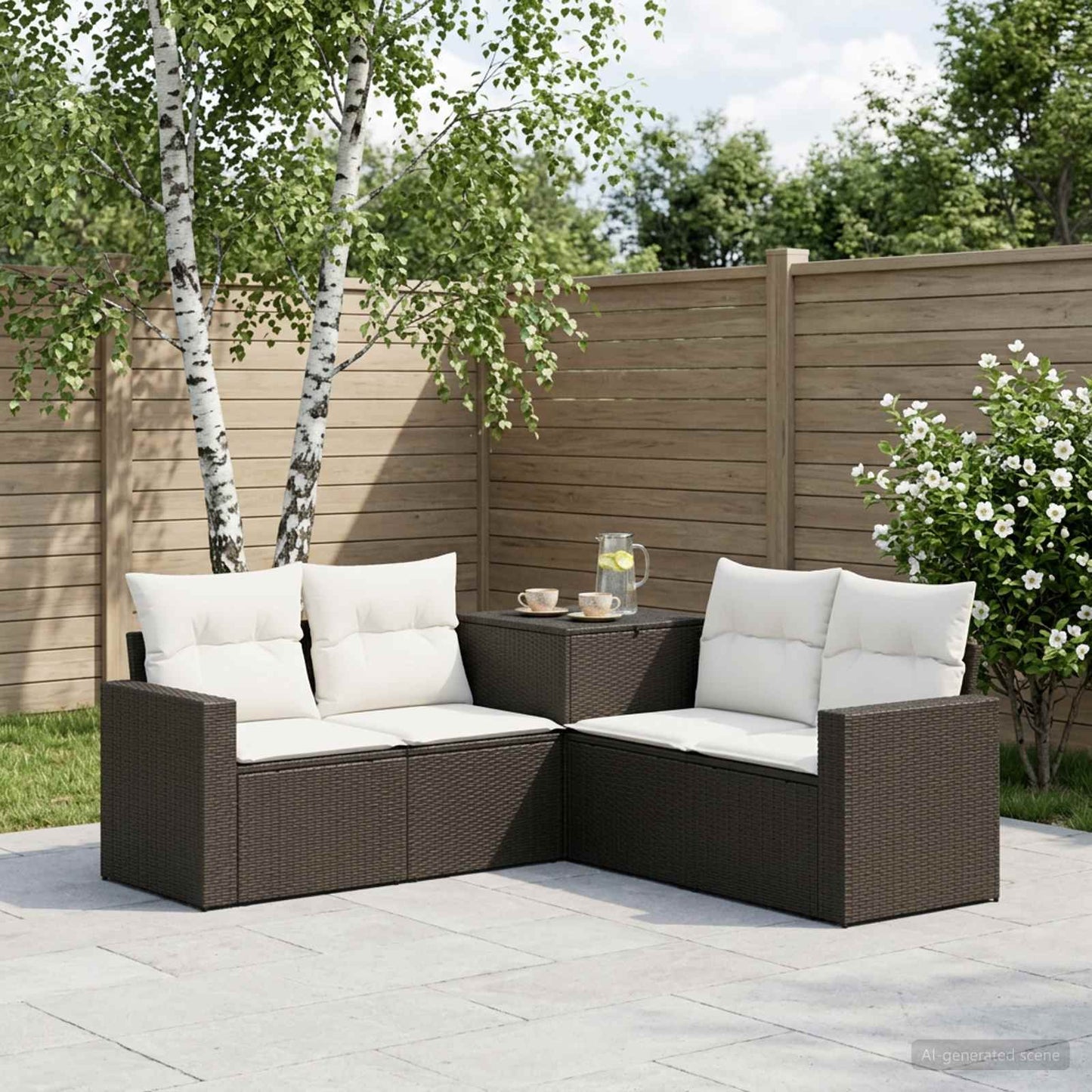 Sofa Set 5 stk. Schwarz und Cremeweiß Polyrattan und Stahl