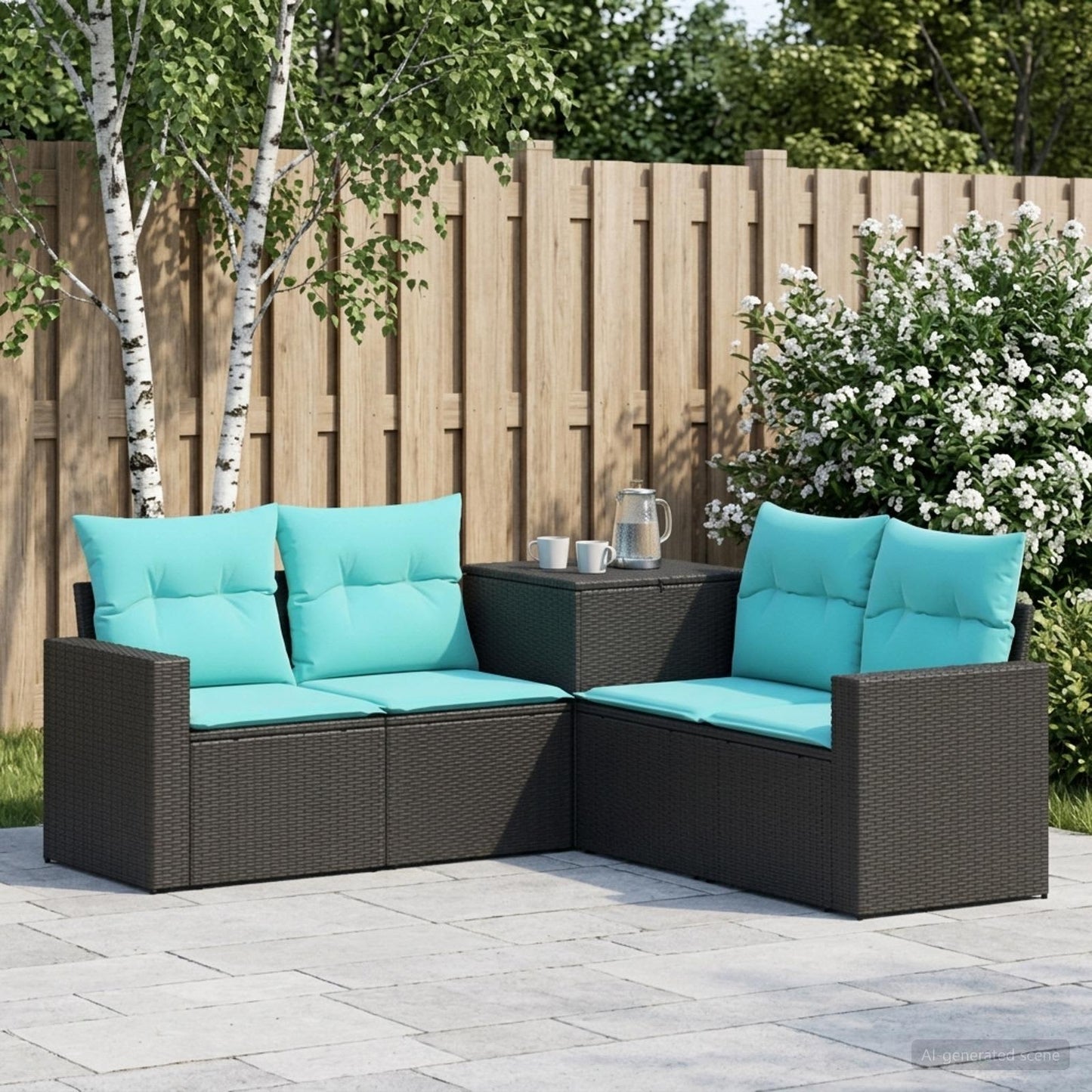 Sofa Set 5 stk. Schwarz und Blau Polyrattan und Stahl
