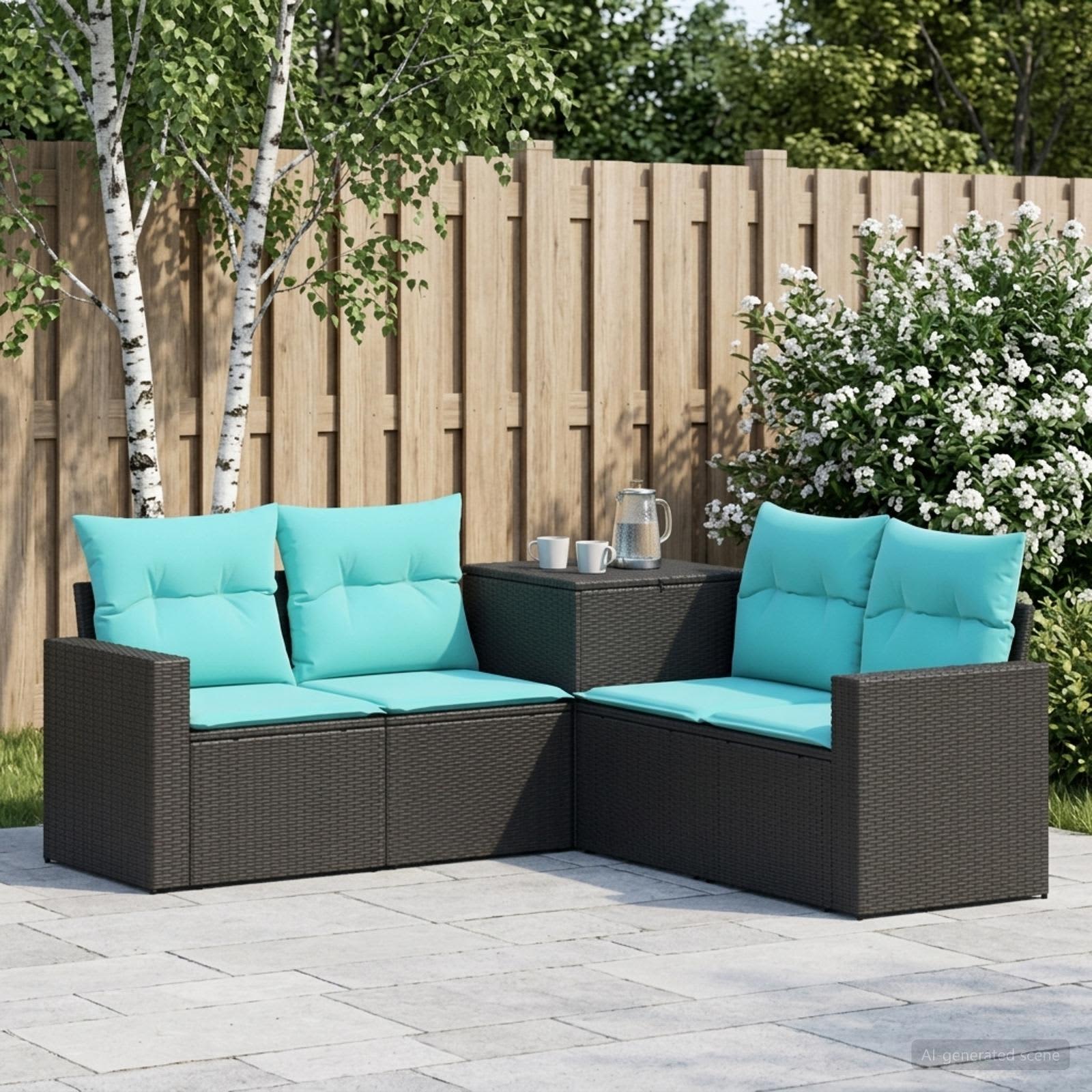 Sofa Set 5 stk. Schwarz und Blau Polyrattan und Stahl