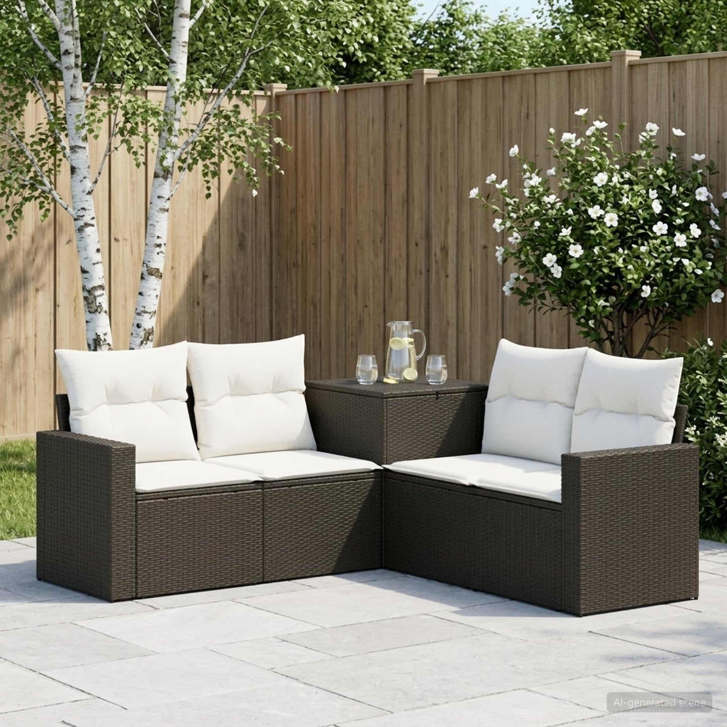 Sofa Set 5 stk. Schwarz und Cremeweiß Polyrattan und Stahl