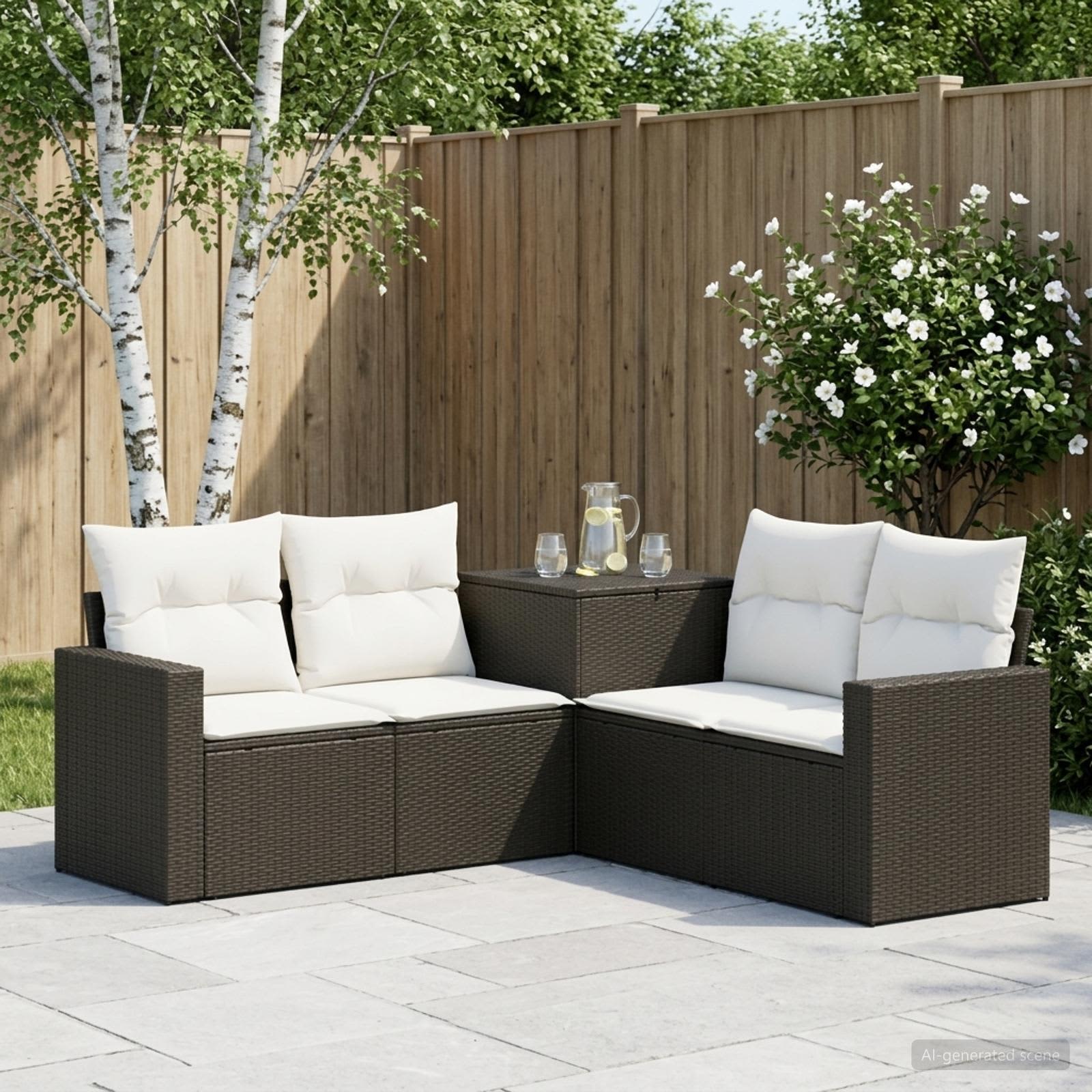 Sofa Set 5 stk. Schwarz und Cremeweiß Polyrattan und Stahl