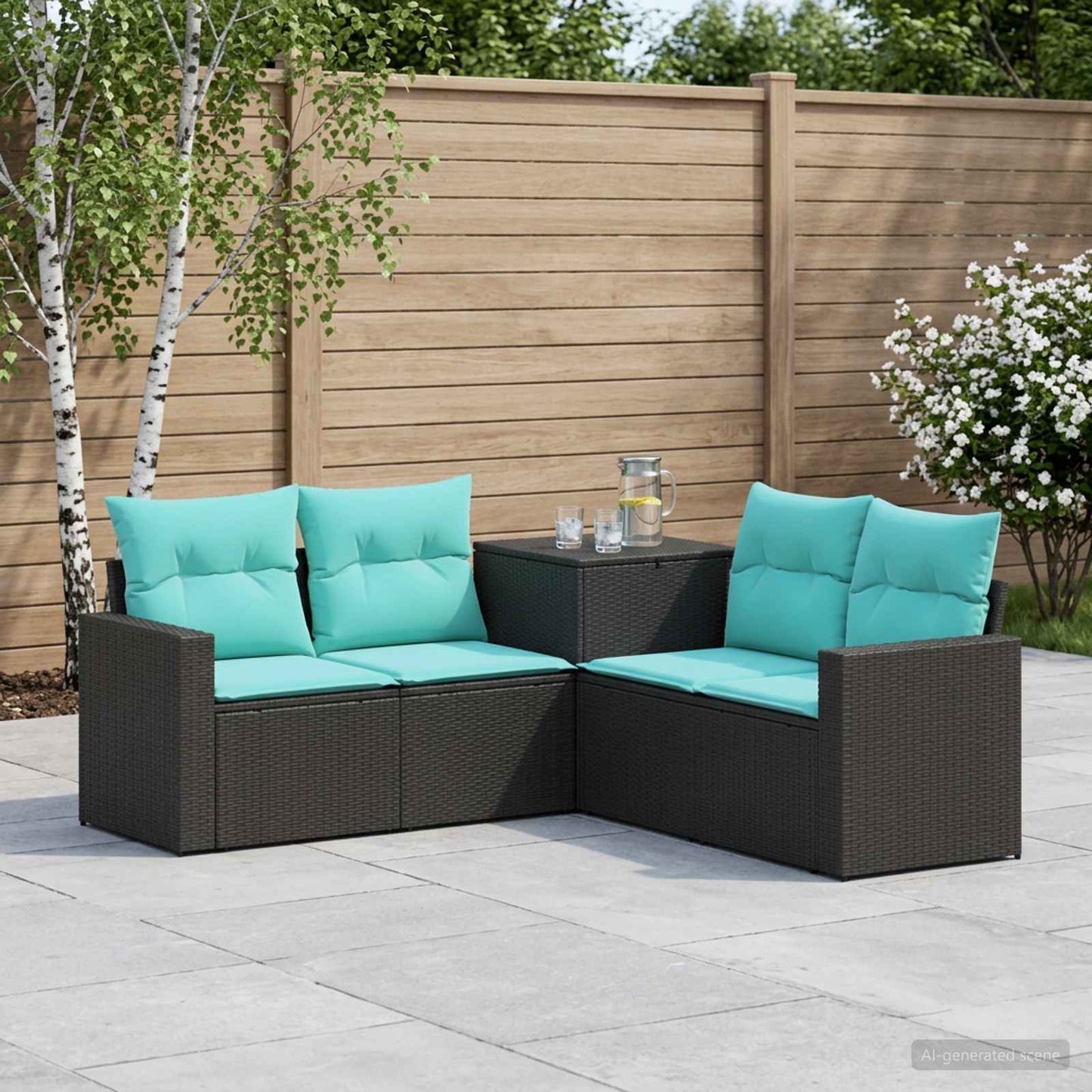 Sofa Set 5 stk. Schwarz und Blau Polyrattan und Stahl