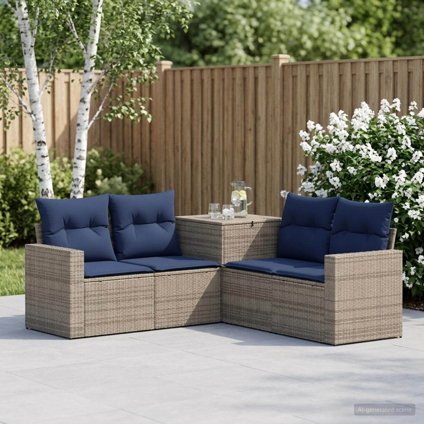 Sofa Set 5 stk. Grau und Marineblau Polyrattan und Stahl