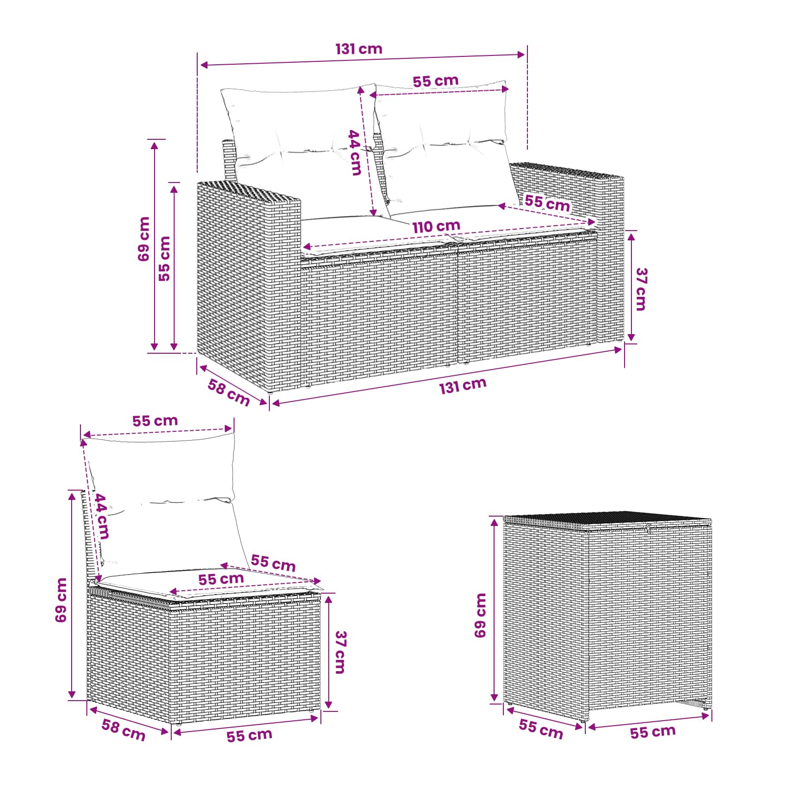 Sofa Set 5 stk. Grau und Marineblau Polyrattan und Stahl