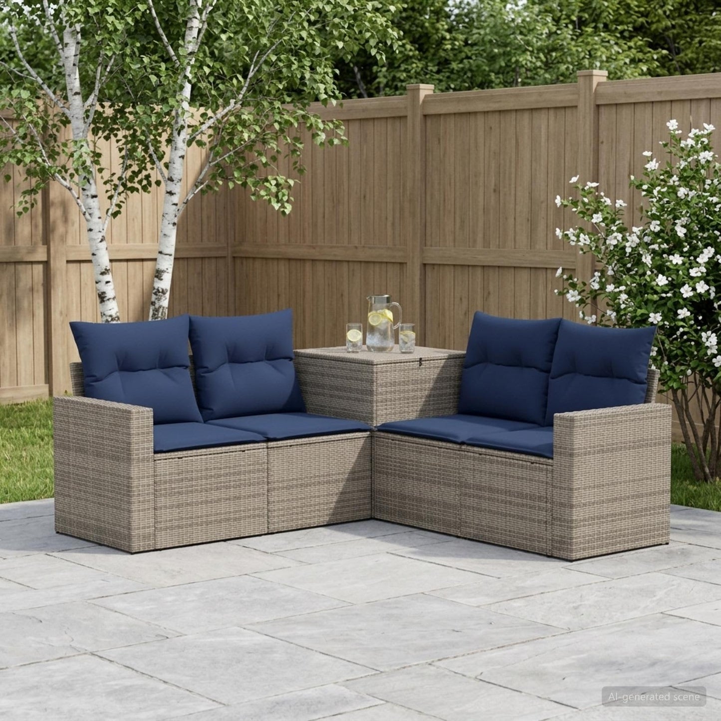 Sofa Set 5 stk. Grau und Marineblau Polyrattan und Stahl