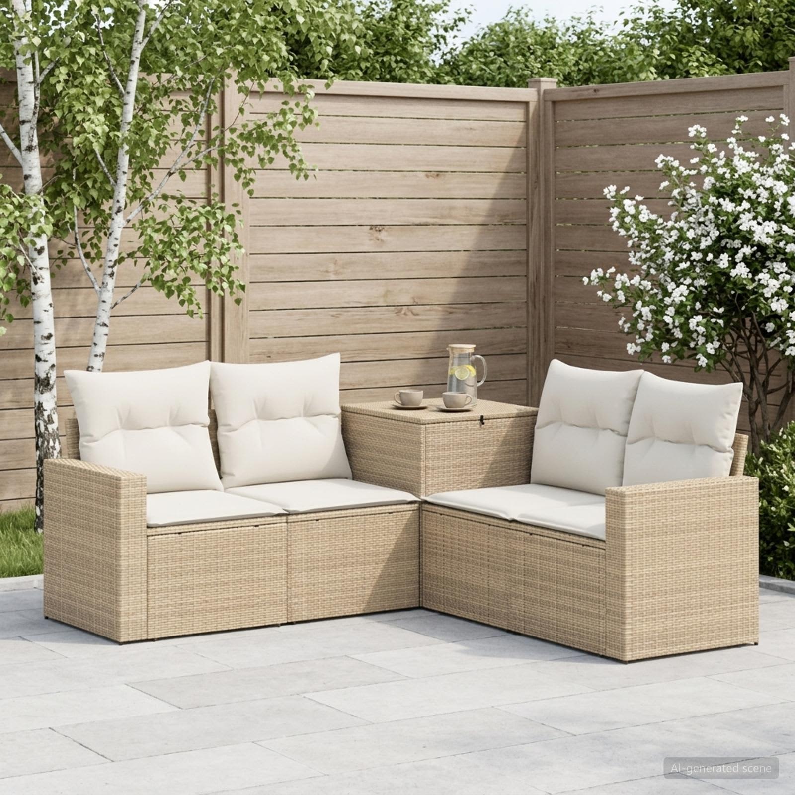 Sofa Set 5 stk. Beige und Cremeweiß Polyrattan und Stahl