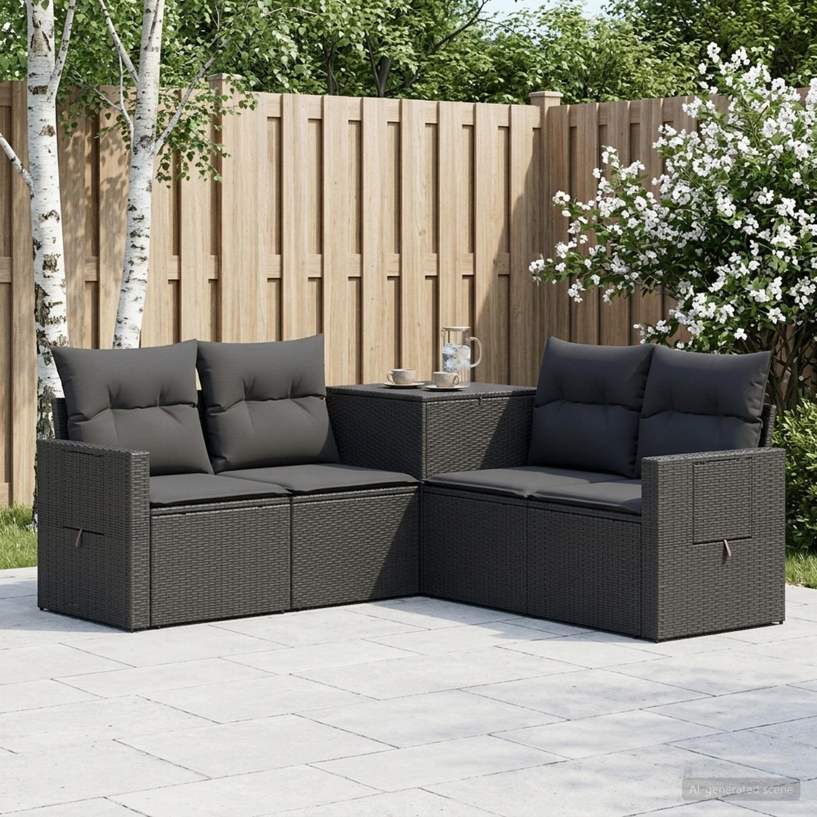 Sofa Set 5 stk. Schwarz Polyrattan und Stahl