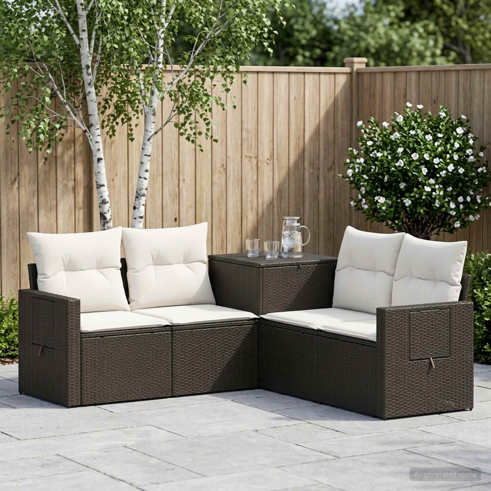 Sofa Set 5 stk. Schwarz und Cremeweiß Polyrattan und Stahl