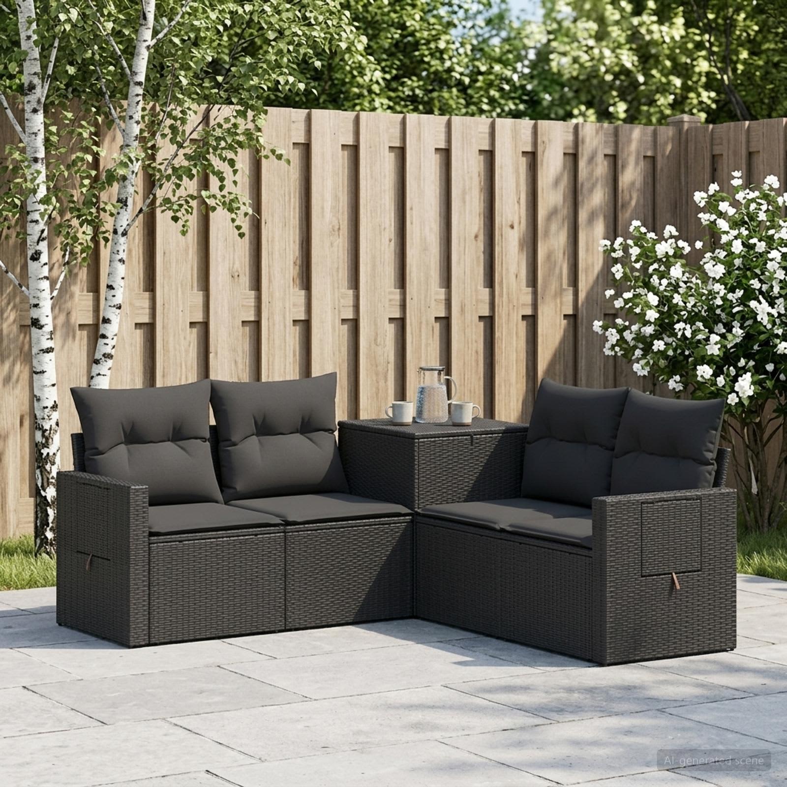 Sofa Set 5 stk. Schwarz Polyrattan und Stahl