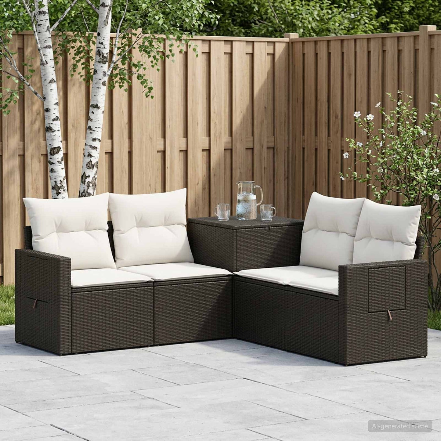 Sofa Set 5 stk. Schwarz und Cremeweiß Polyrattan und Stahl