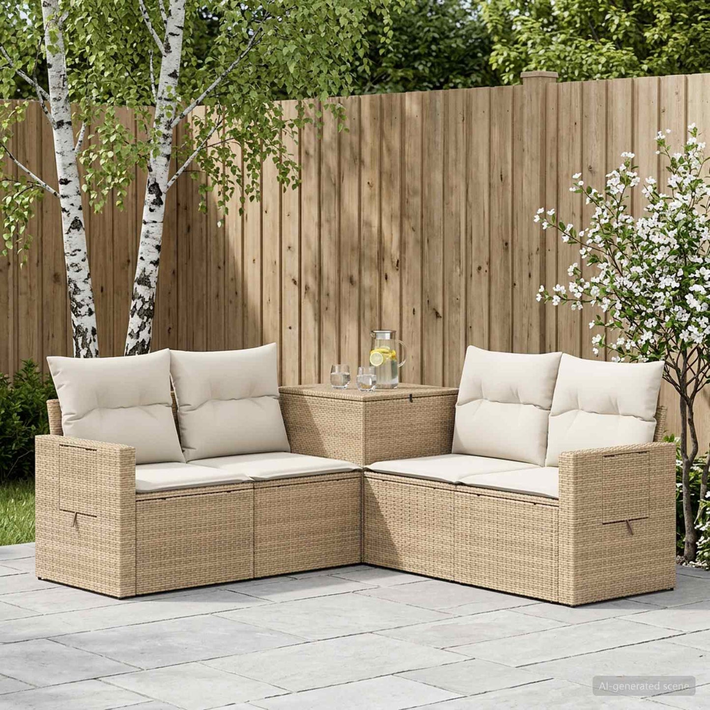 Sofa Set 5 stk. Beige und Cremeweiß Polyrattan und Stahl