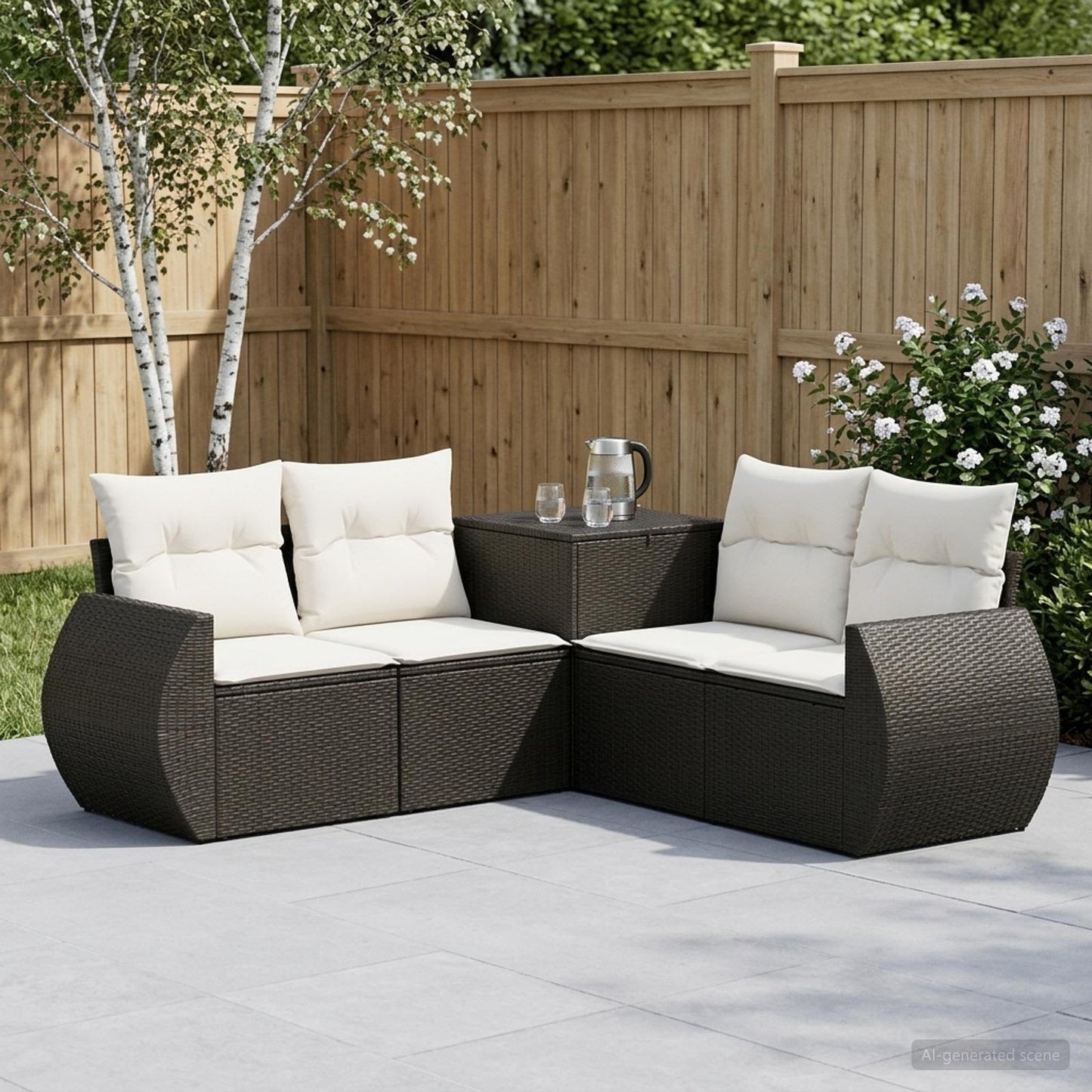 Sofa Set 5 stk. Schwarz und Cremeweiß Polyrattan und Stahl