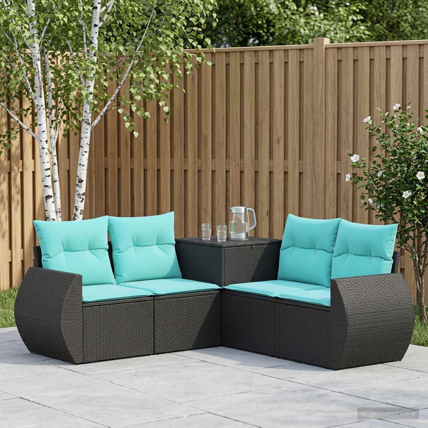 Sofa Set 5 stk. Schwarz und Blau Polyrattan und Stahl