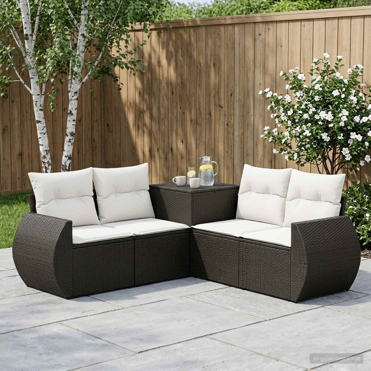 Sofa Set 5 stk. Schwarz und Cremeweiß Polyrattan und Stahl