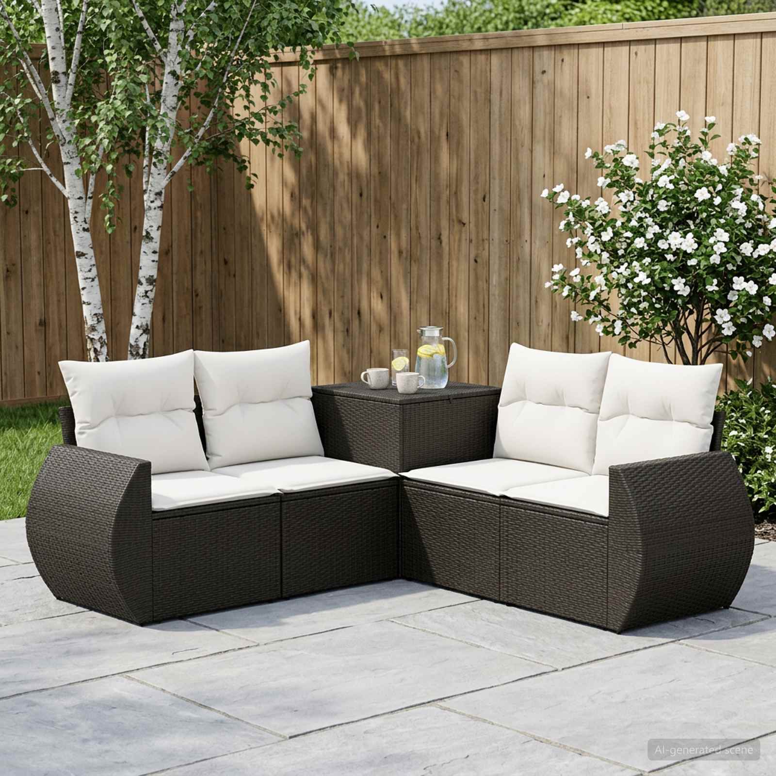 Sofa Set 5 stk. Schwarz und Cremeweiß Polyrattan und Stahl