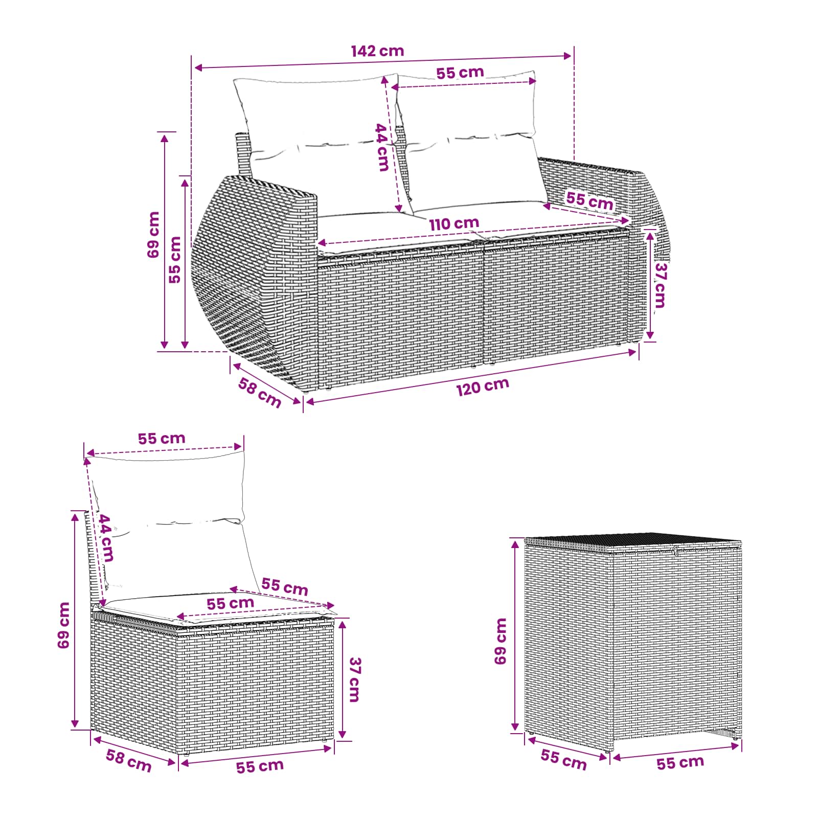 Sofa Set 5 stk. Schwarz und Cremeweiß Polyrattan und Stahl