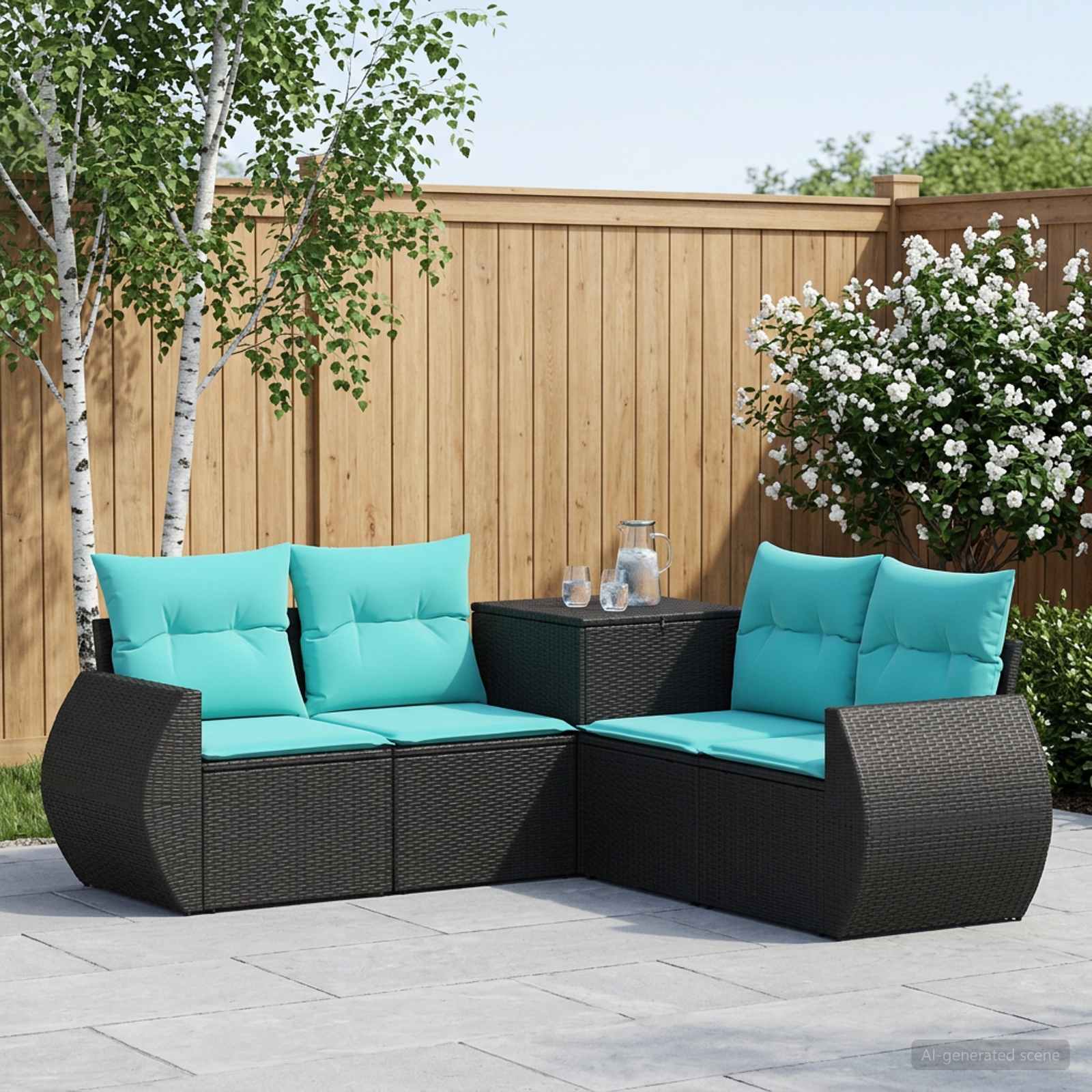 Sofa Set 5 stk. Schwarz und Blau Polyrattan und Stahl