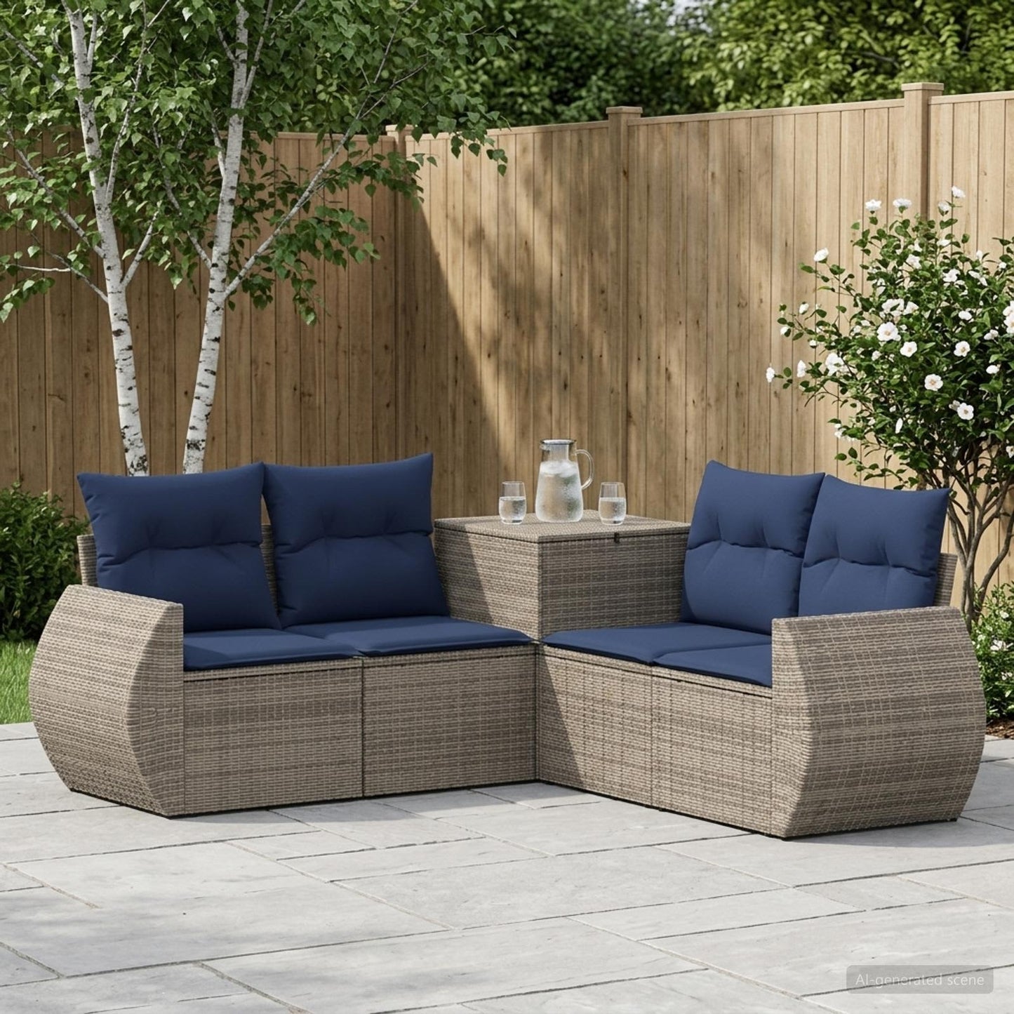 Sofa Set 5 stk. Grau und Marineblau Polyrattan und Stahl