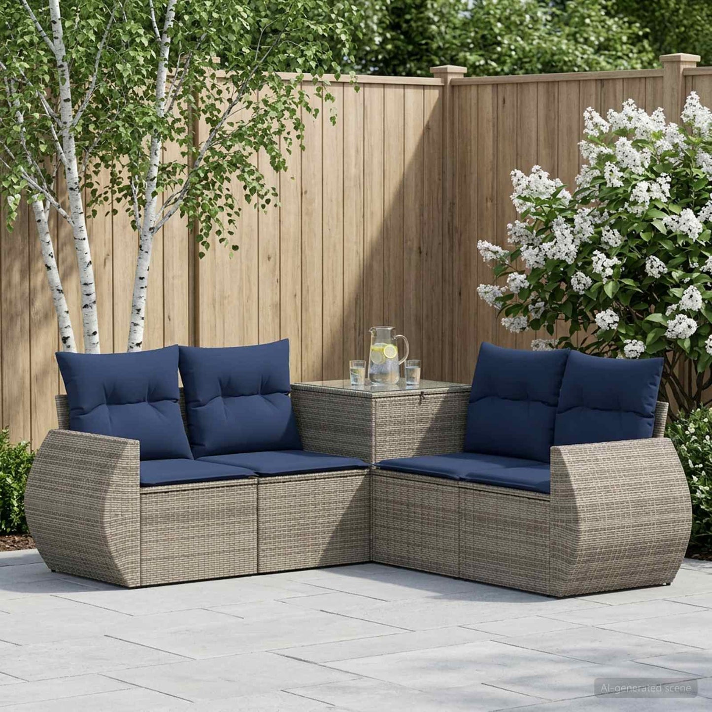 Sofa Set 5 stk. Grau und Marineblau Polyrattan und Stahl