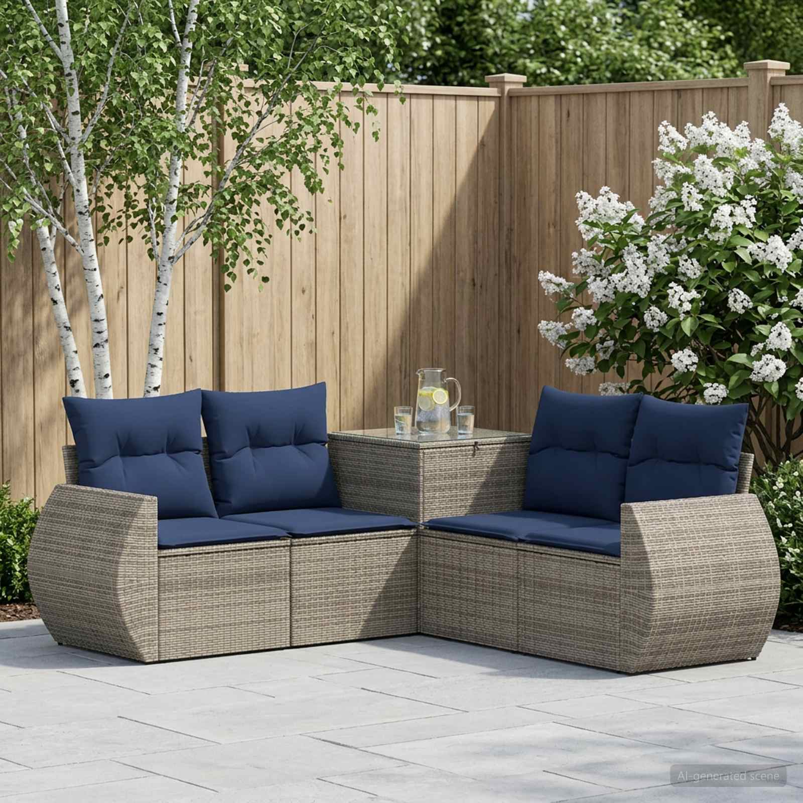 Sofa Set 5 stk. Grau und Marineblau Polyrattan und Stahl
