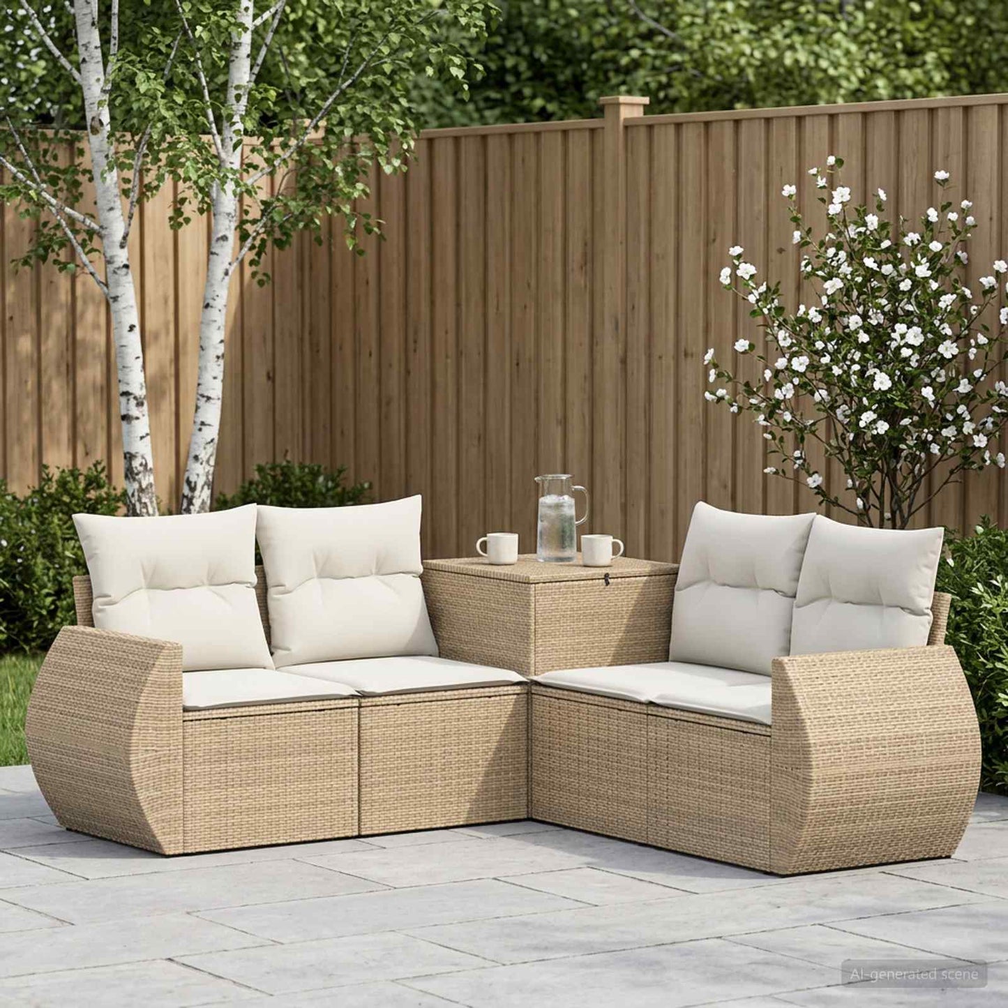 Sofa Set 5 stk. Beige und Cremeweiß Polyrattan und Stahl