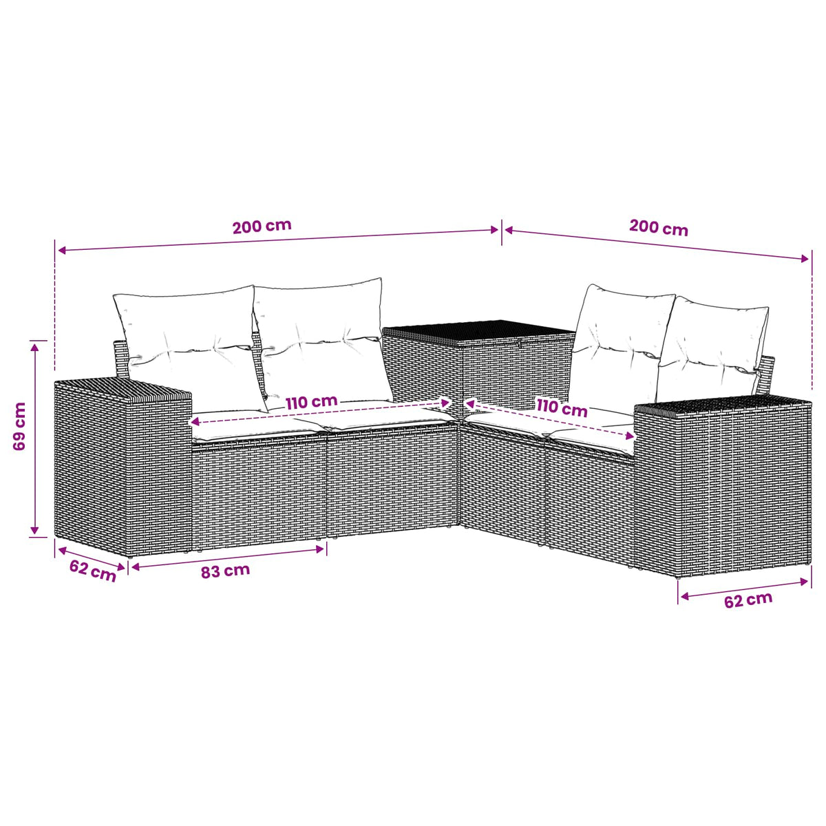 Sofa Set 5 stk. Schwarz 200 x 200 x 85 cm Polyrattan und Stahl