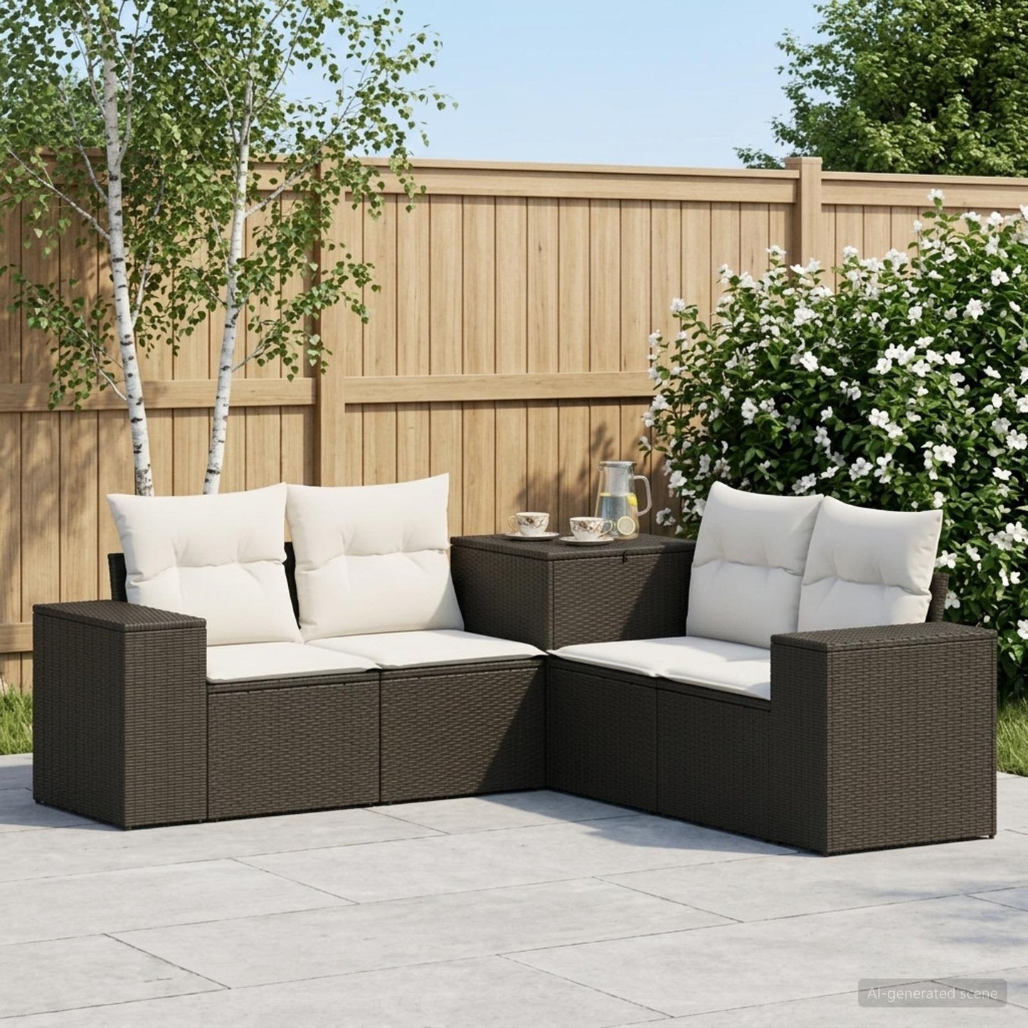 Sofa Set 5 stk. Schwarz und Cremeweiß Polyrattan und Stahl