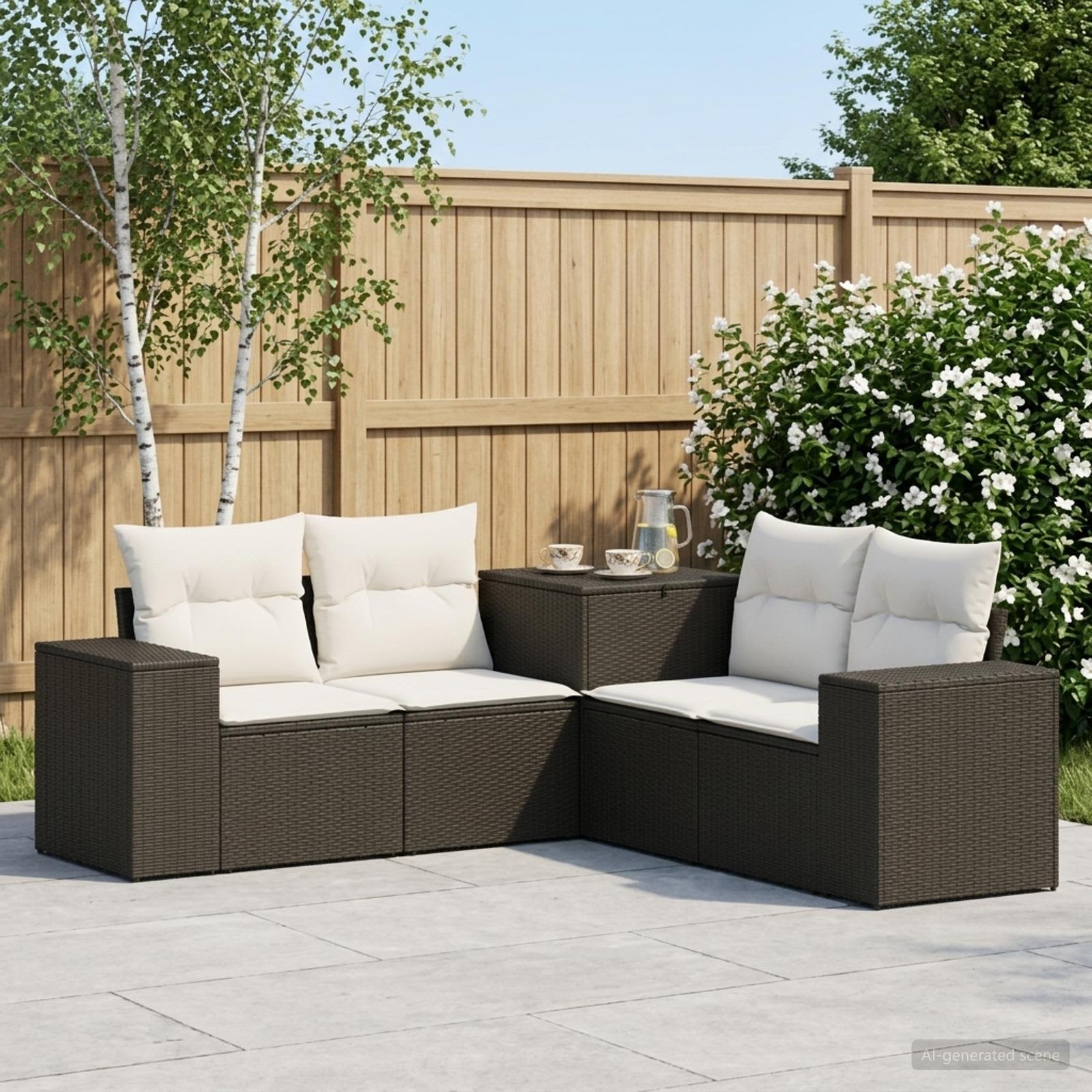 Sofa Set 5 stk. Schwarz und Cremeweiß Polyrattan und Stahl