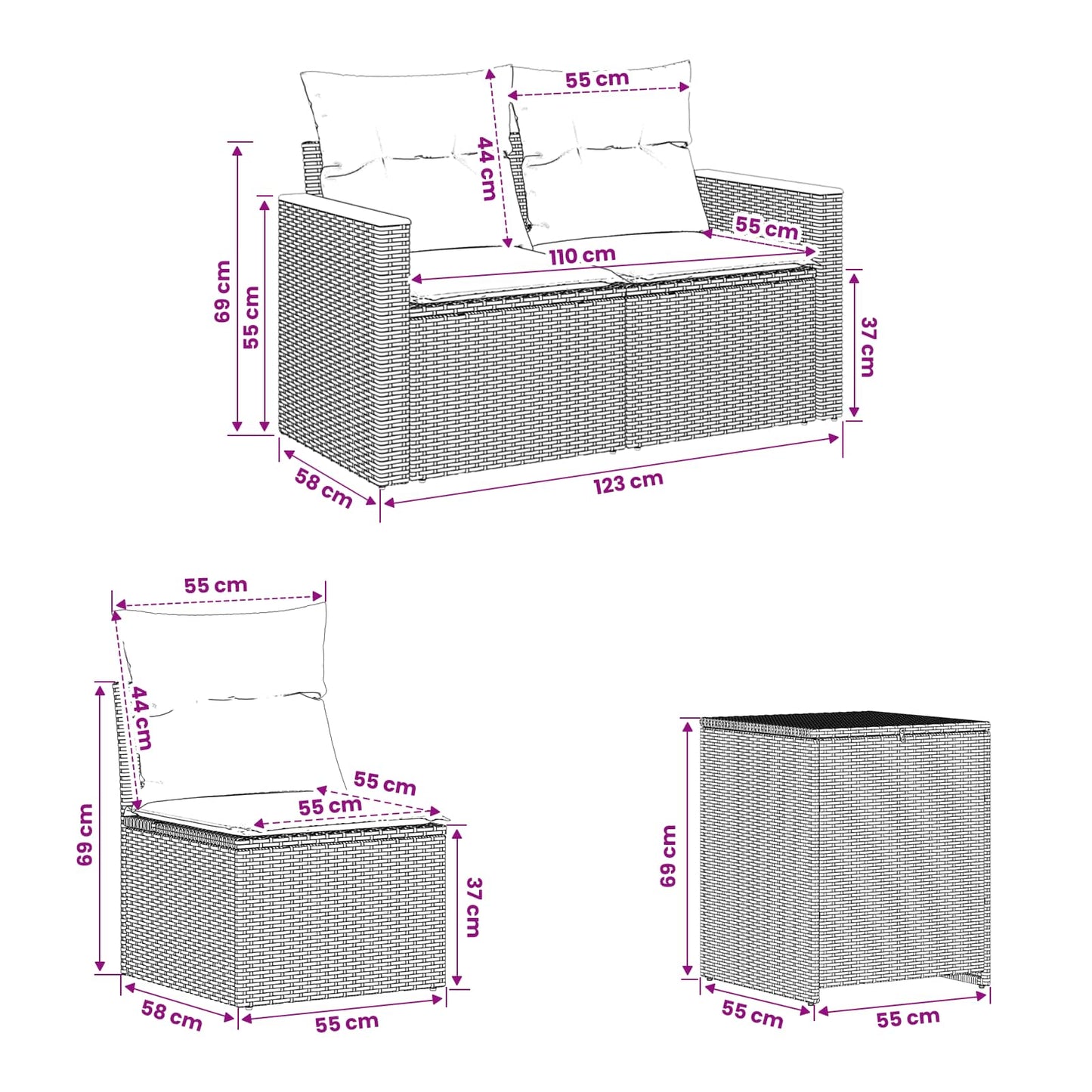 Sofa Set 5 stk. Schwarz Polyrattan und Stahl
