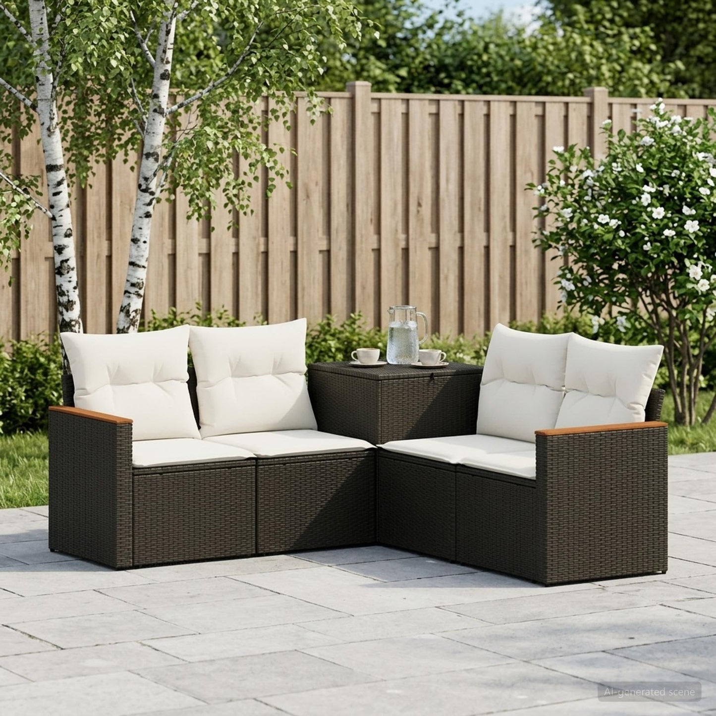 Sofa Set 5 stk. Schwarz und Cremeweiß Polyrattan und Stahl