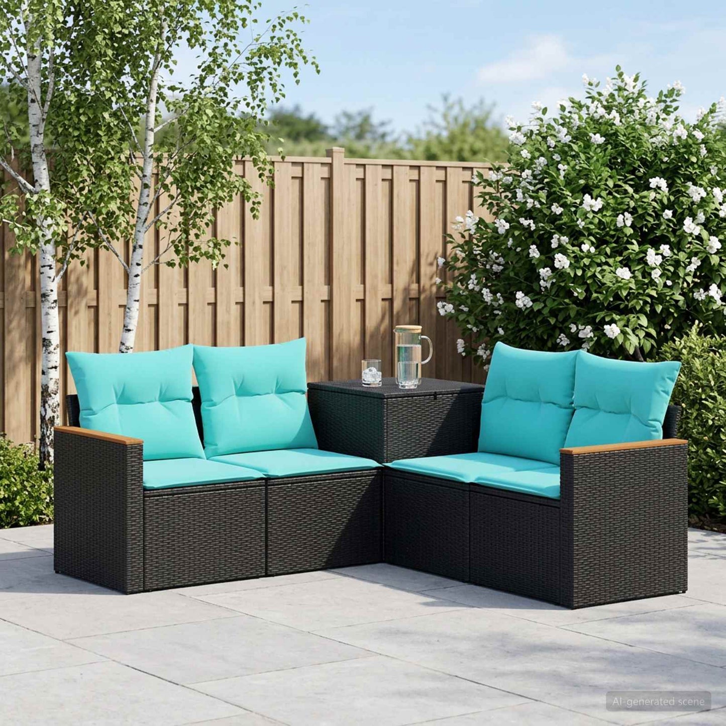 Sofa Set 5 stk. Schwarz und Blau Polyrattan und Stahl