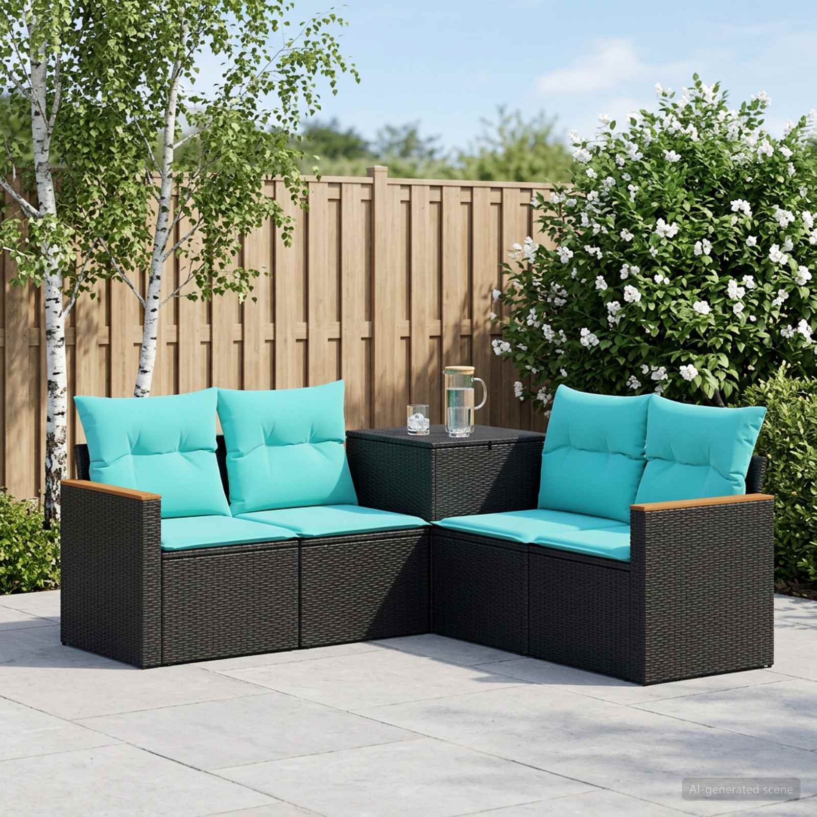 Sofa Set 5 stk. Schwarz und Blau Polyrattan und Stahl